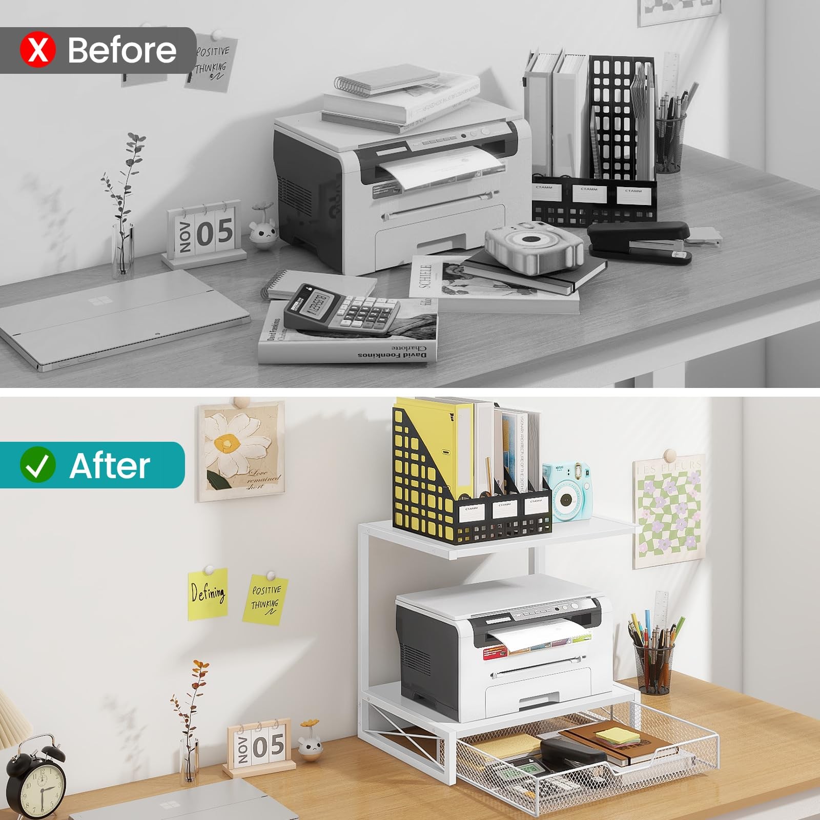 ELITEROO Printer Stand for Desk with Storage Drawer, 2 Tier White Drawer