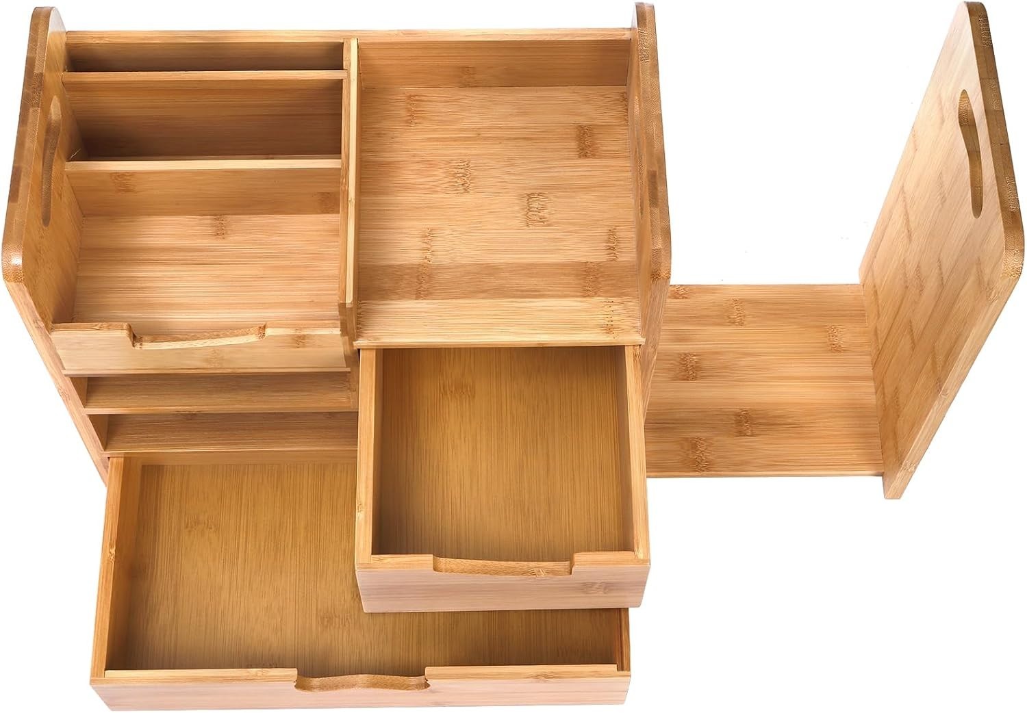 Space-Saving Bamboo Desktop Organizer with Adjustable Compartments & Drawer