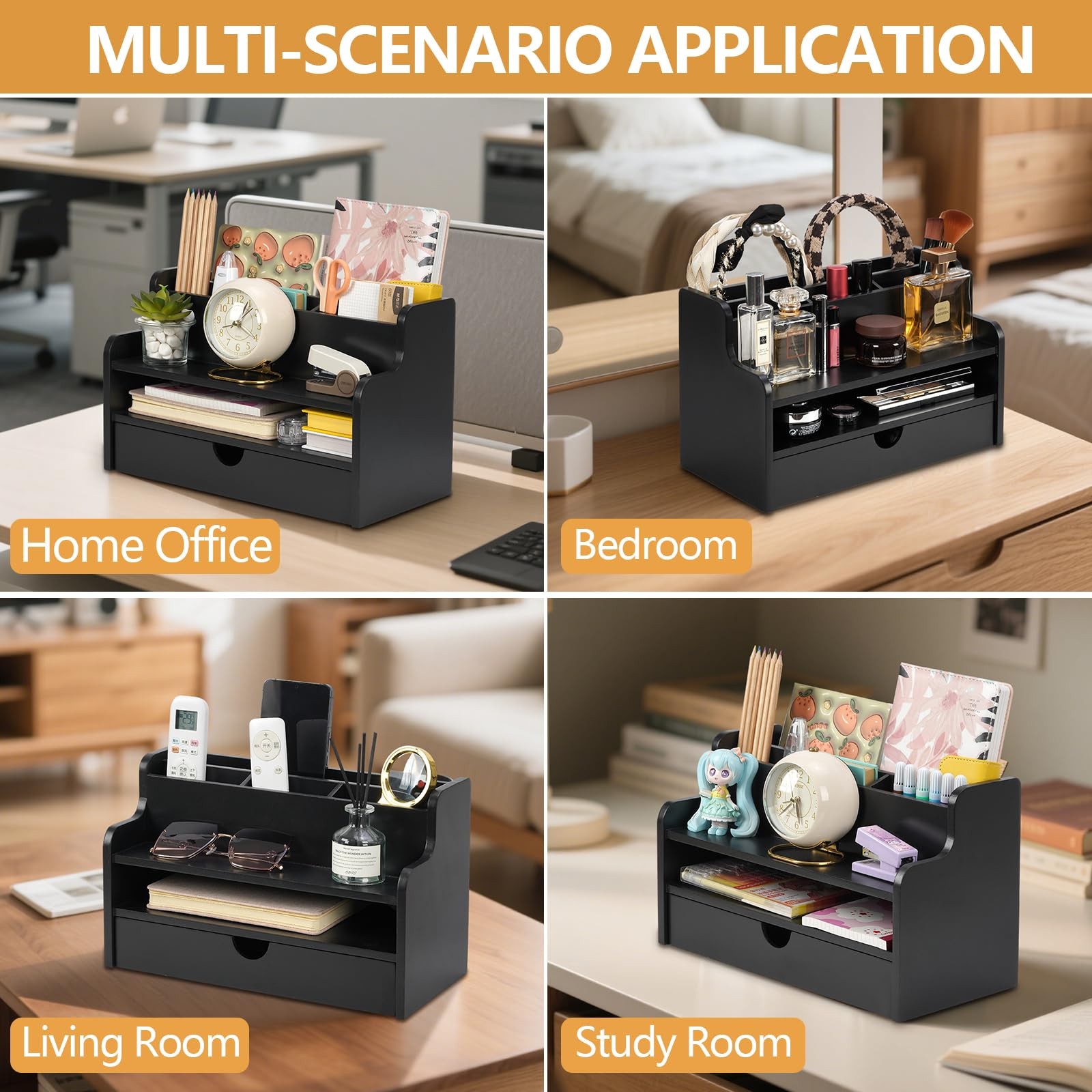 Mail Organizer Countertop, 4 Slots Desk Organizer with Drawer and Shelf, Wood…