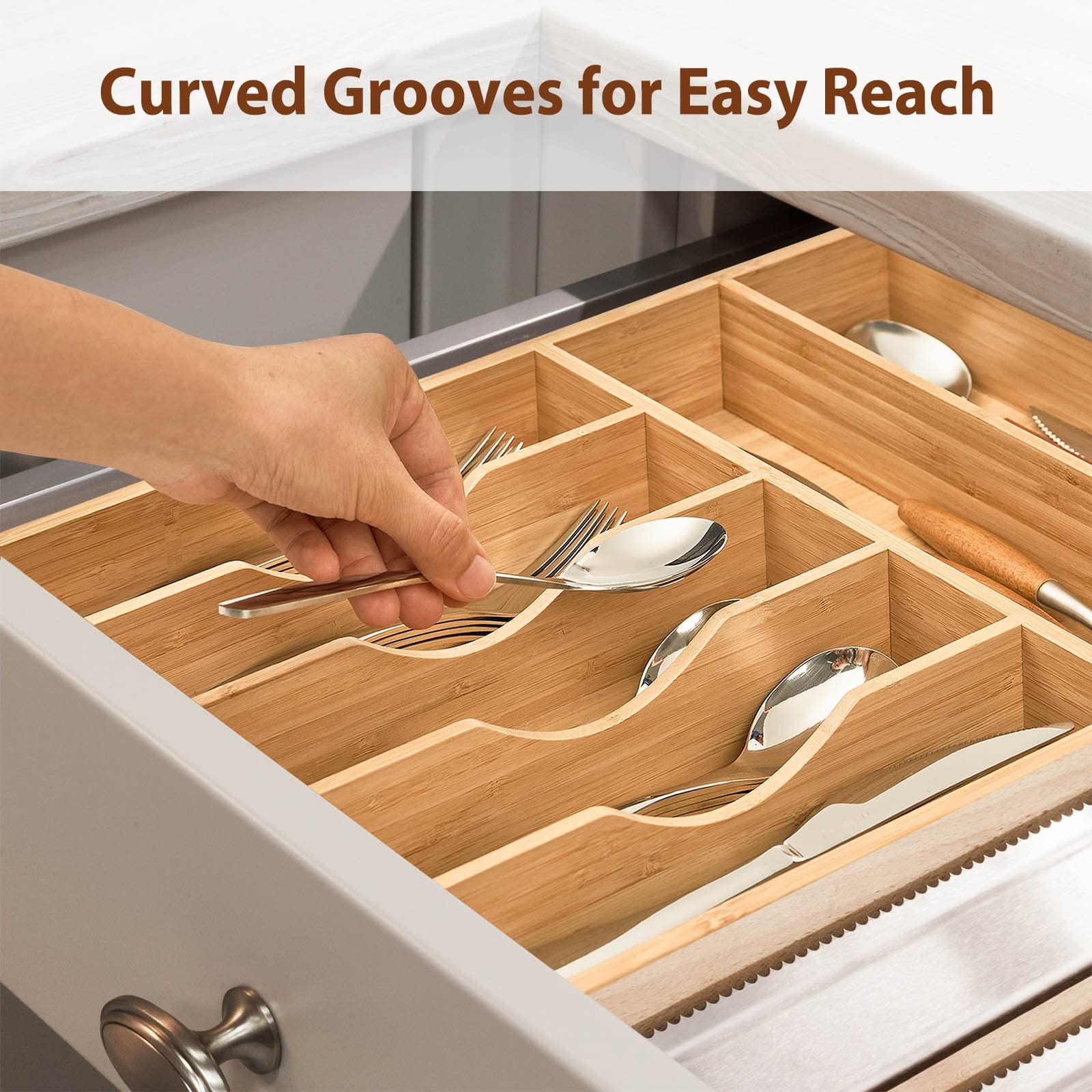 Bamboo Kitchen Drawer Organizer, 13 Inch Silverware Utensil Tray Holder, Extra