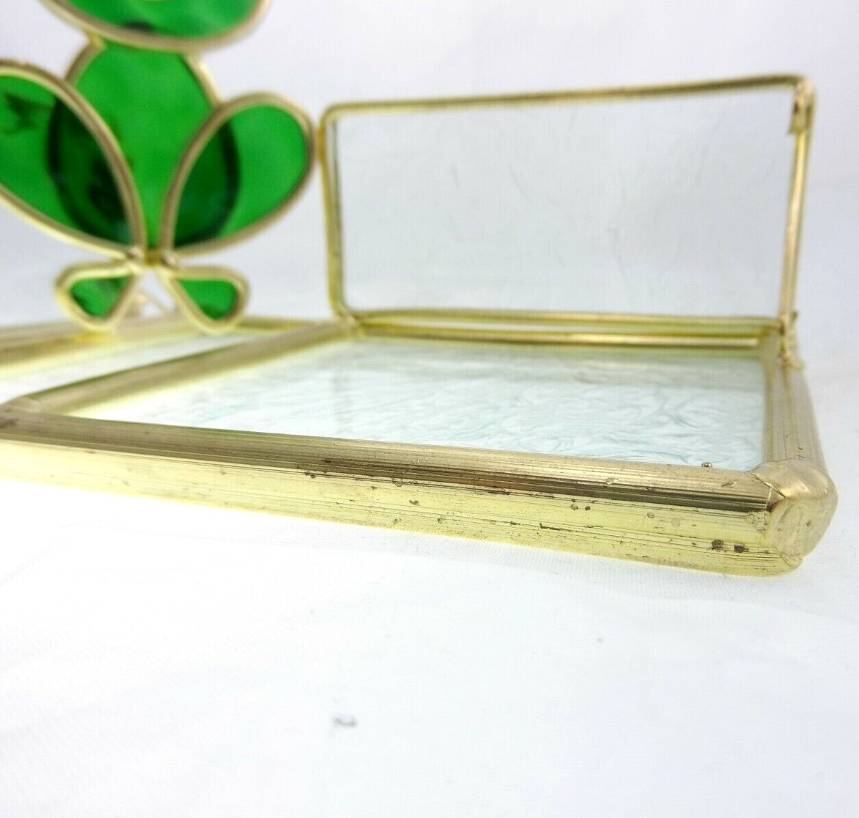 4pc Vintage Glass Brass Frog Desk Set Notepad Business Card Holder Letter Opener