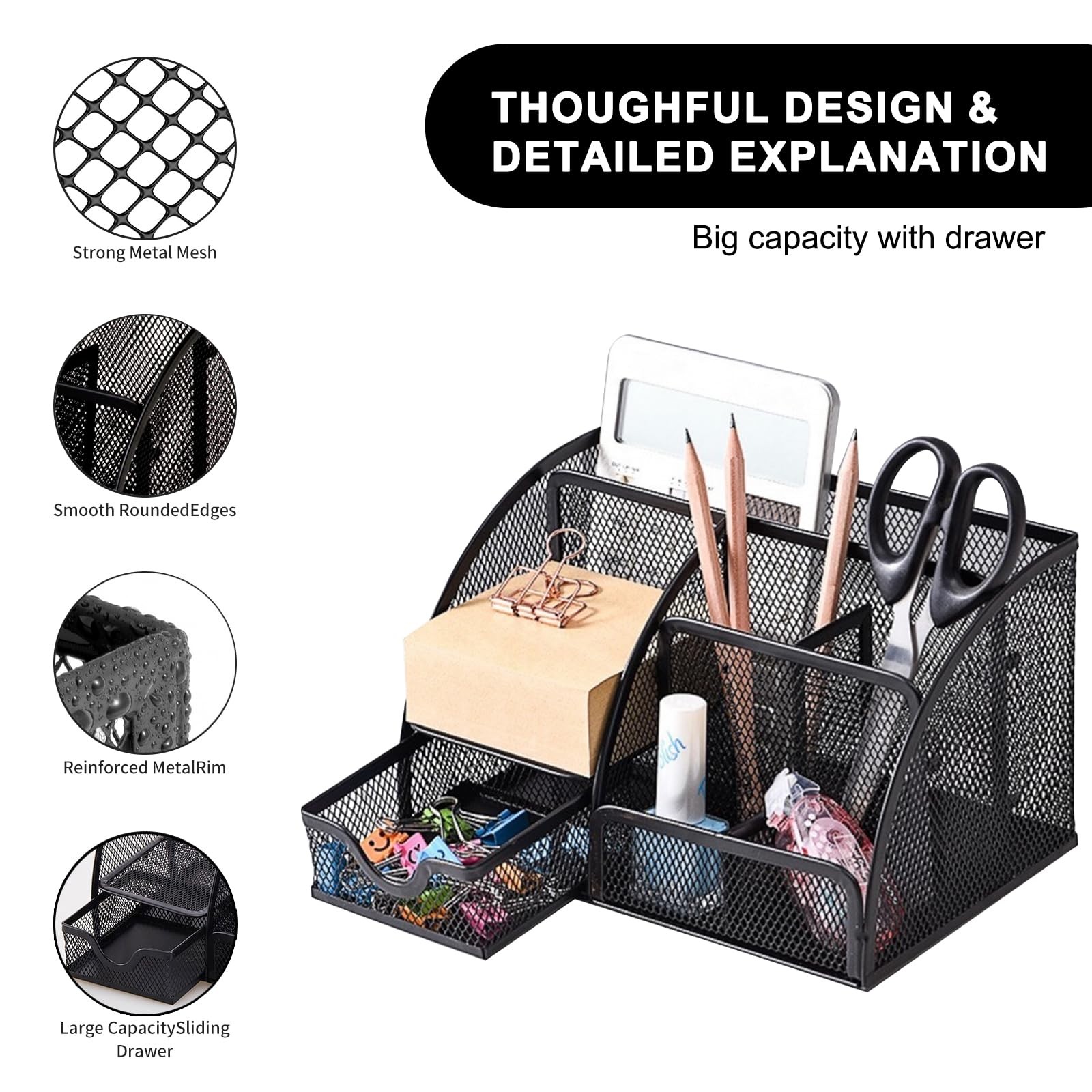 Mesh Desk Organizer, Desktop Organizer with Drawer, Office Supplies Multi-Functi