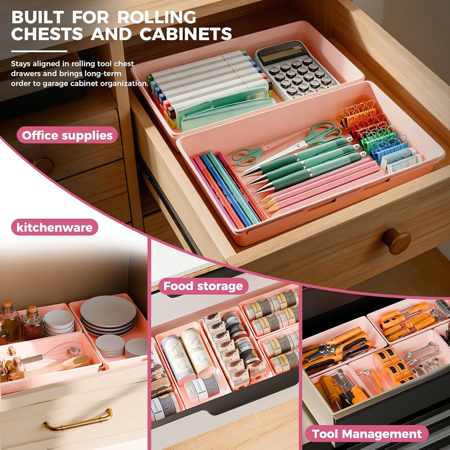 [6 PCS Extra-Large] Pink Drawer Organizer Trays with Non-Slip Pads, Interlocking