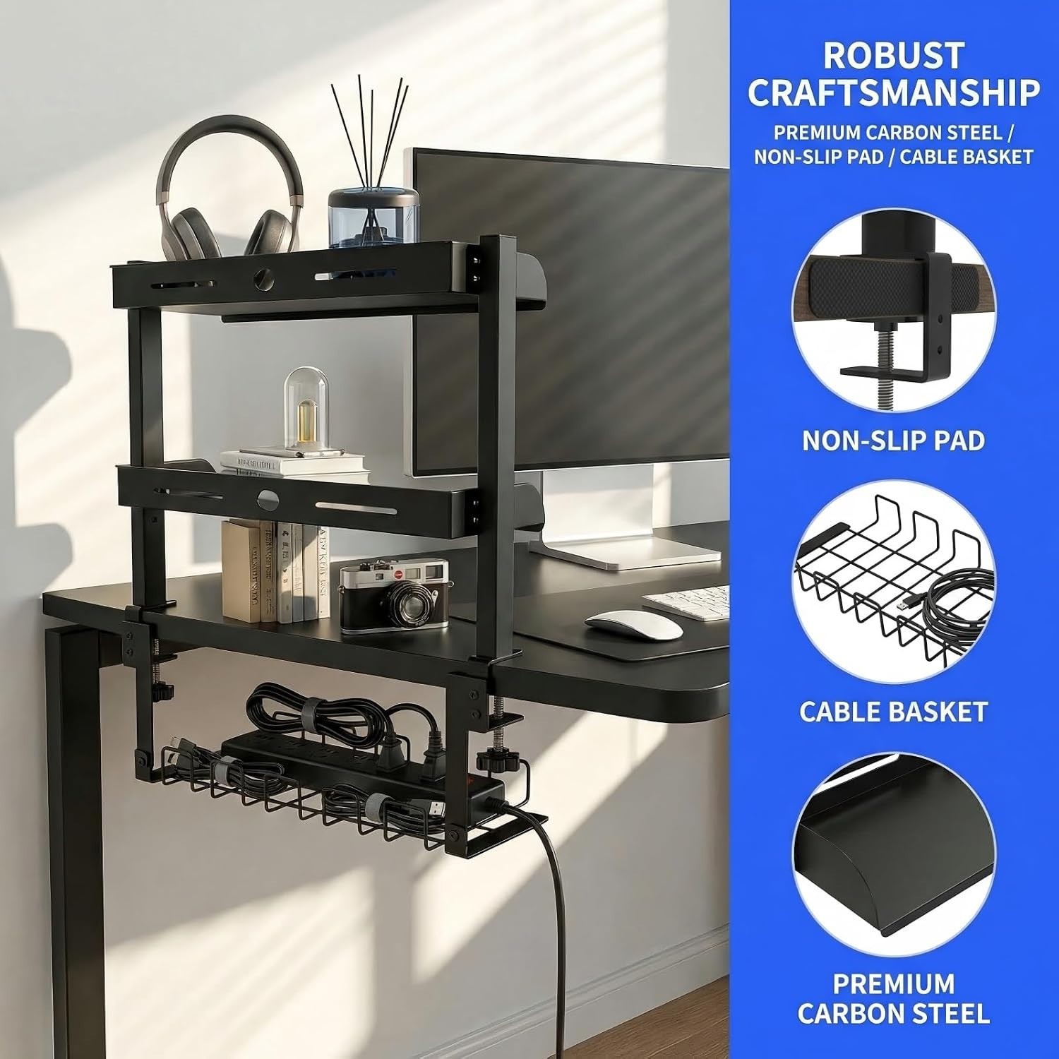 Clamp On Desk Shelf, 17” 2-Tier Desktop Organizer Shelf with Under-Desk Hidden