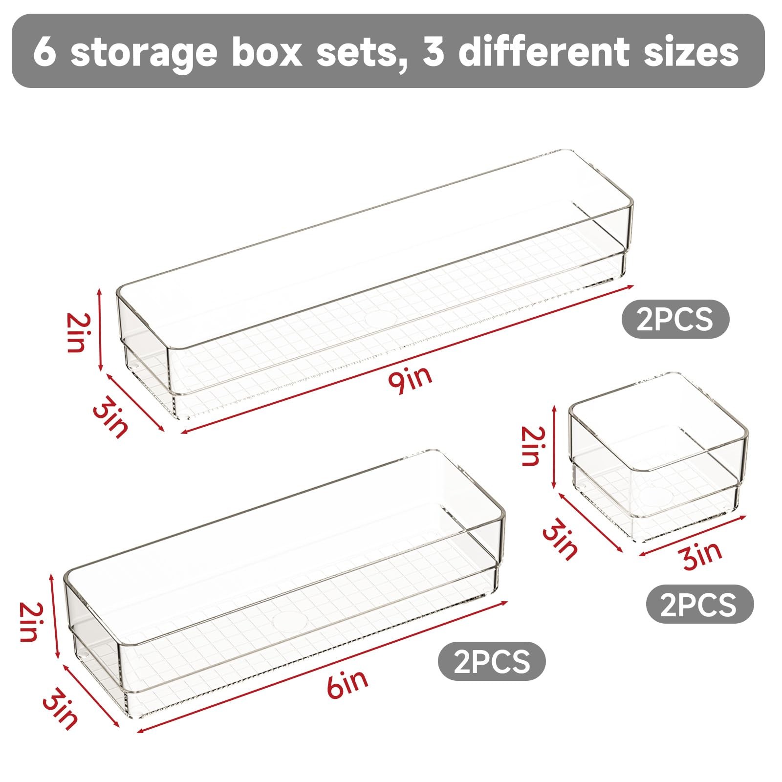6 PCS Clear Plastic Drawer Organizer Set, 2 Sizes Acrylic Drawer Storage Tray…