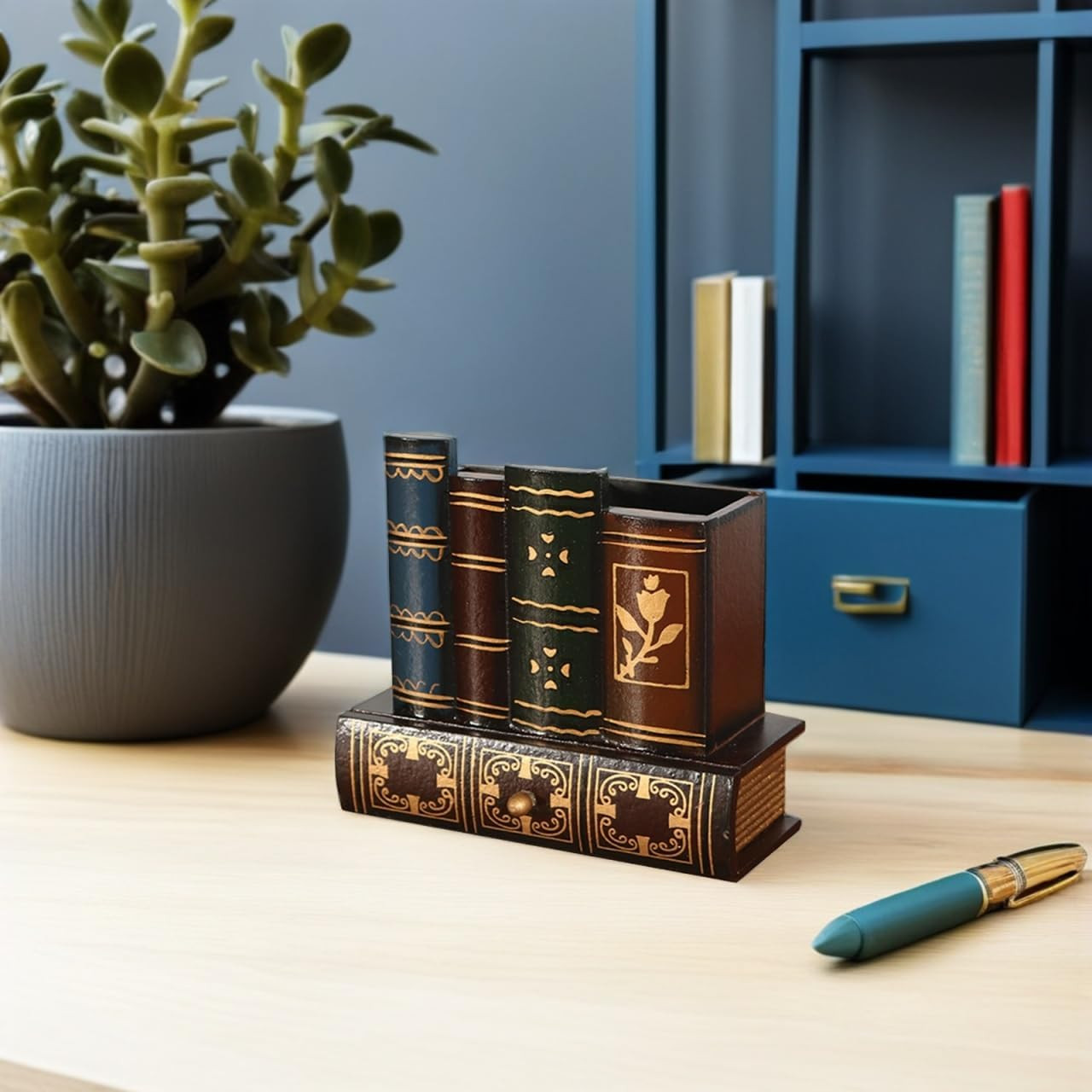 Kisangel Retro Wooden Pen Holder with Drawer Vintage Pencil Container Compact