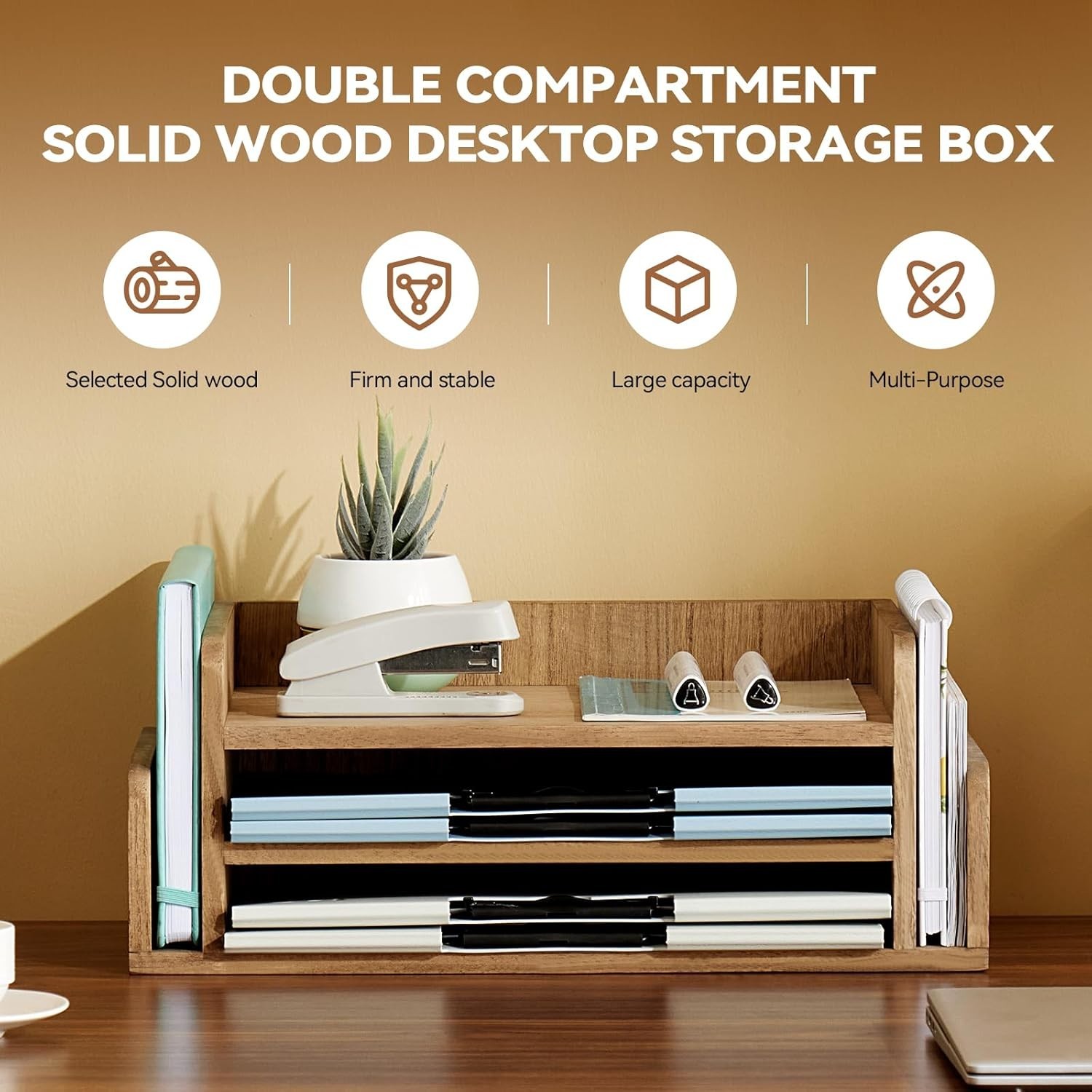 Assembled Wood Desk Organizer, 5 Trays, 3-Tier Letter Holder, Dark Brown, Office