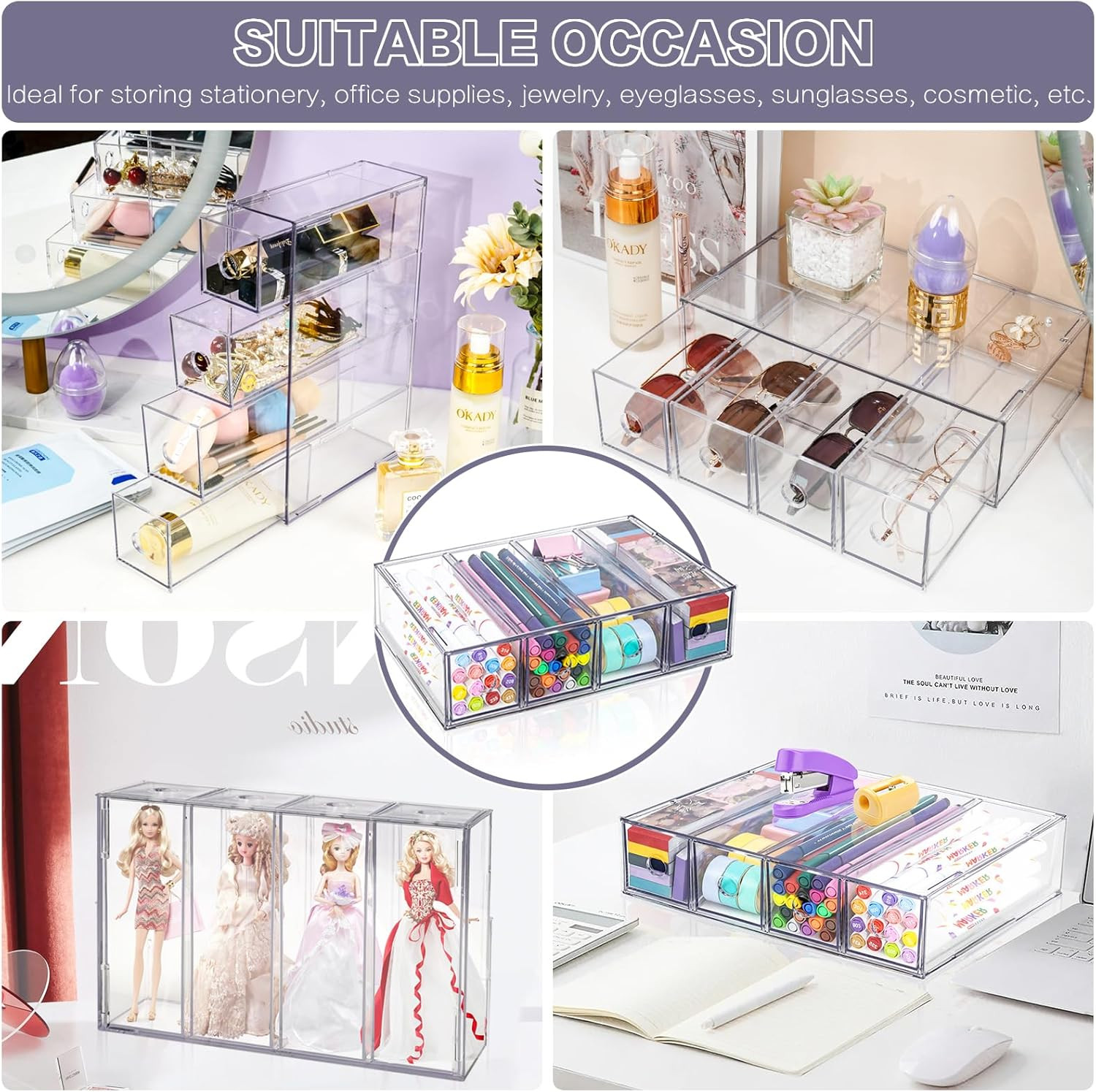 Desk Organizer with 4 Drawers, Stackable Desktop Storage Box with Removable Dra