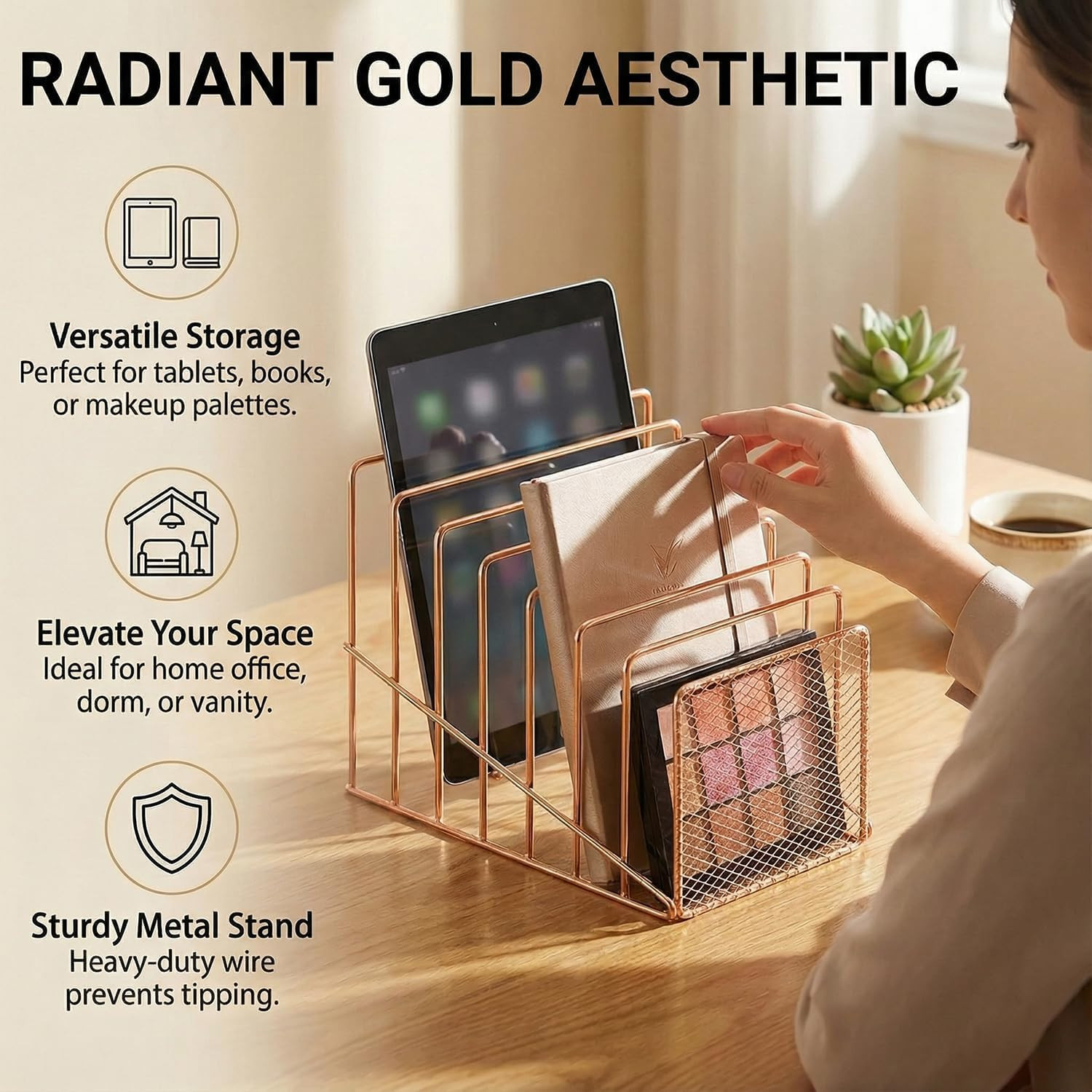 Rose Gold Desk Organizer 7 Slot Inclined Vertical File Folder Holder Sorter with