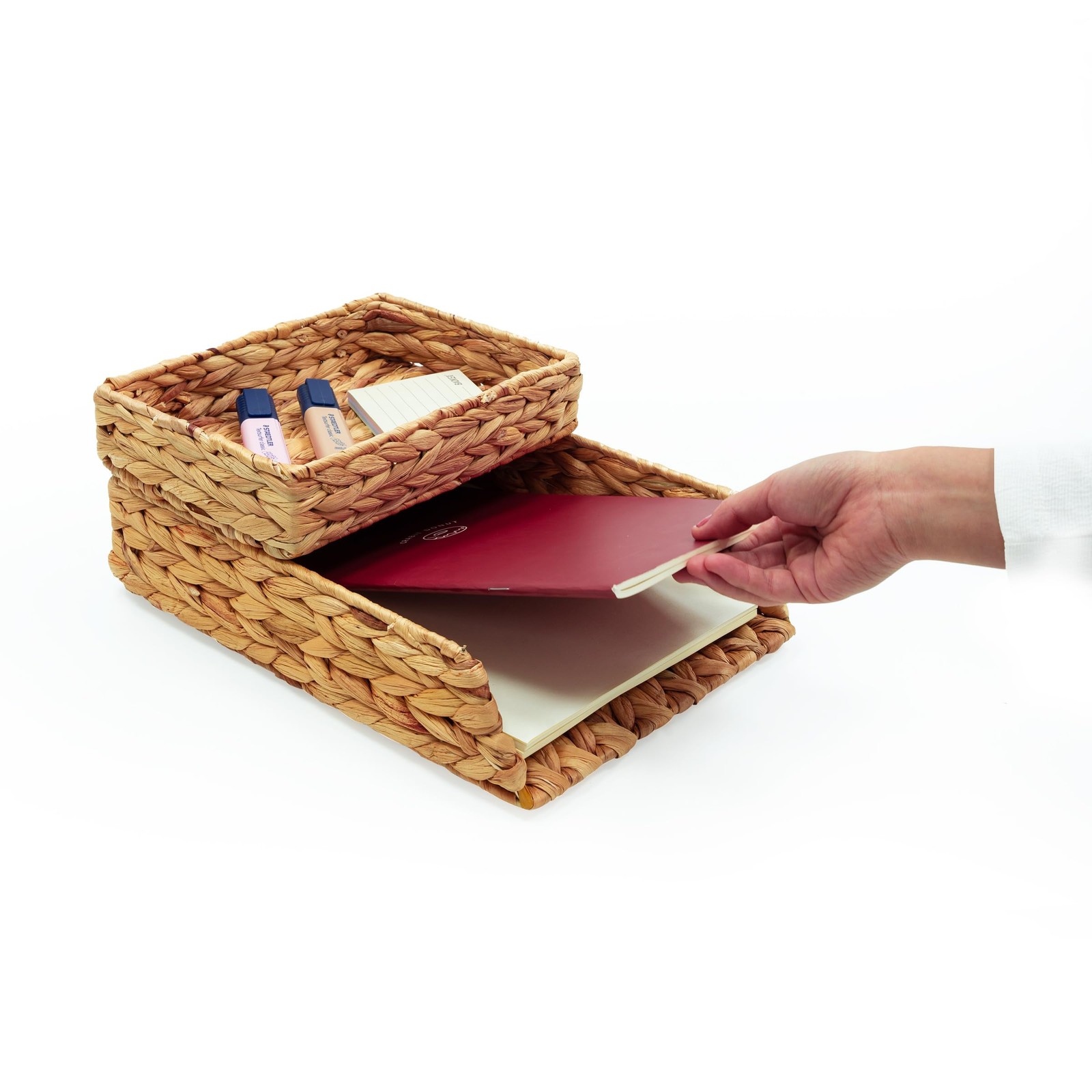 HAMOTOPI Desk Organizer Letter Tray Set of 2, Woven Water Hyacinth Beige