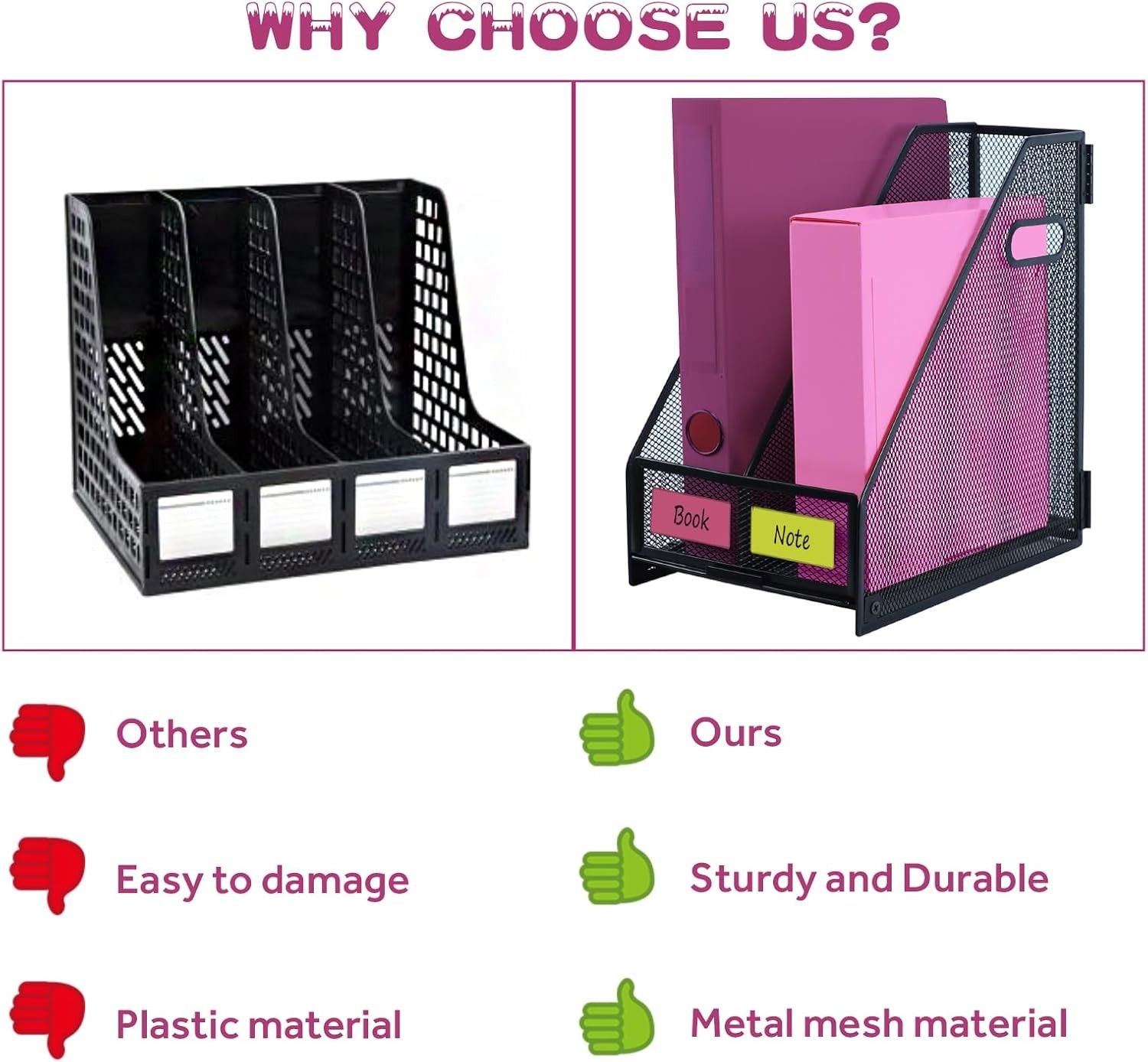 Desk Organizers, Metal Magazine File Holder with 2 Vertical Compartments Rack Bi