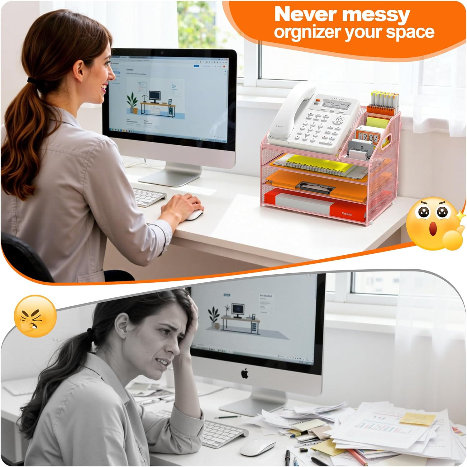 4 Tier Metal Mesh Letter Tray – Space Saving Desk File Organizer with Handle, Pe