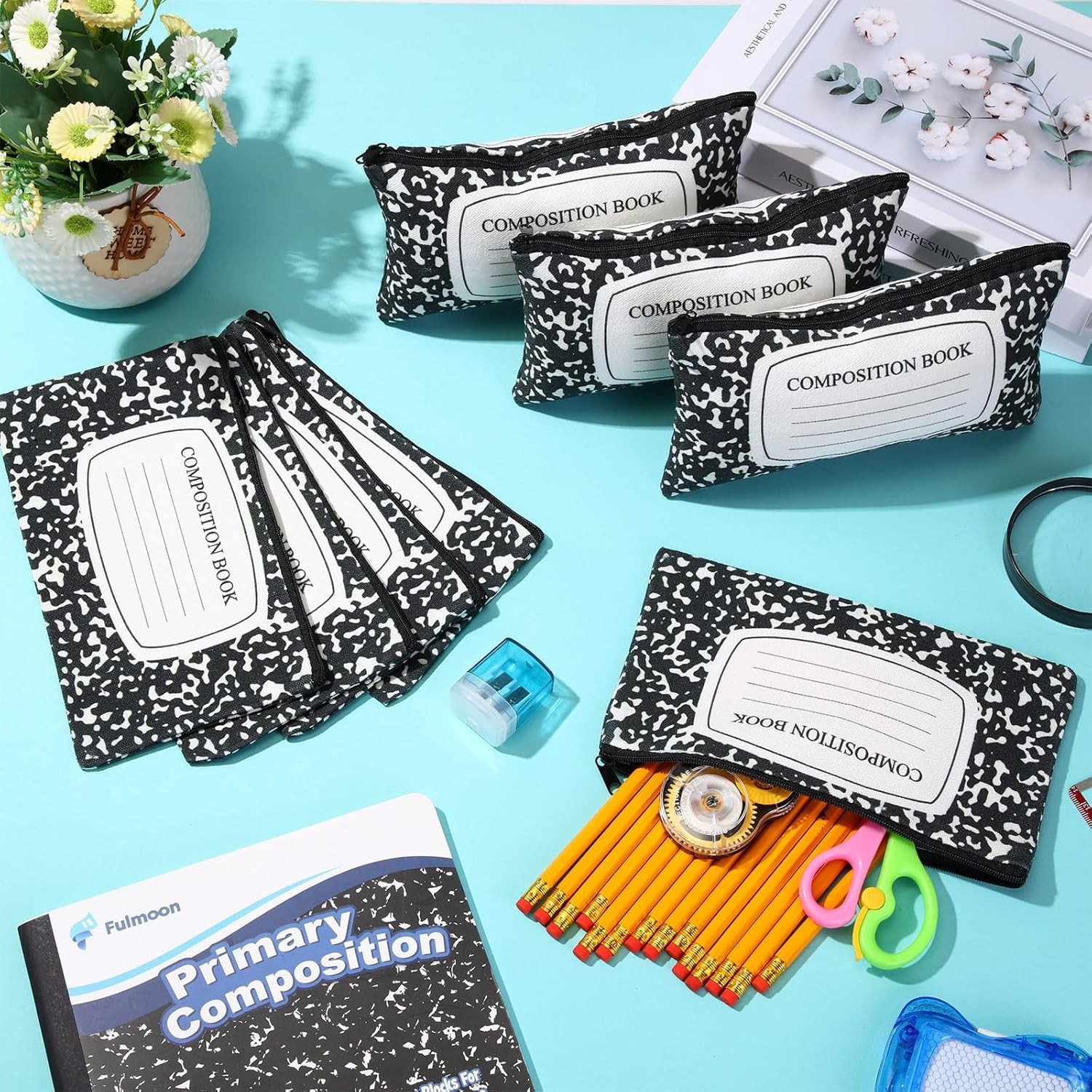 24 Pcs Composition Book Pencil Pouches Canvas Zipper Pencil Case Pen Bags Bulk W