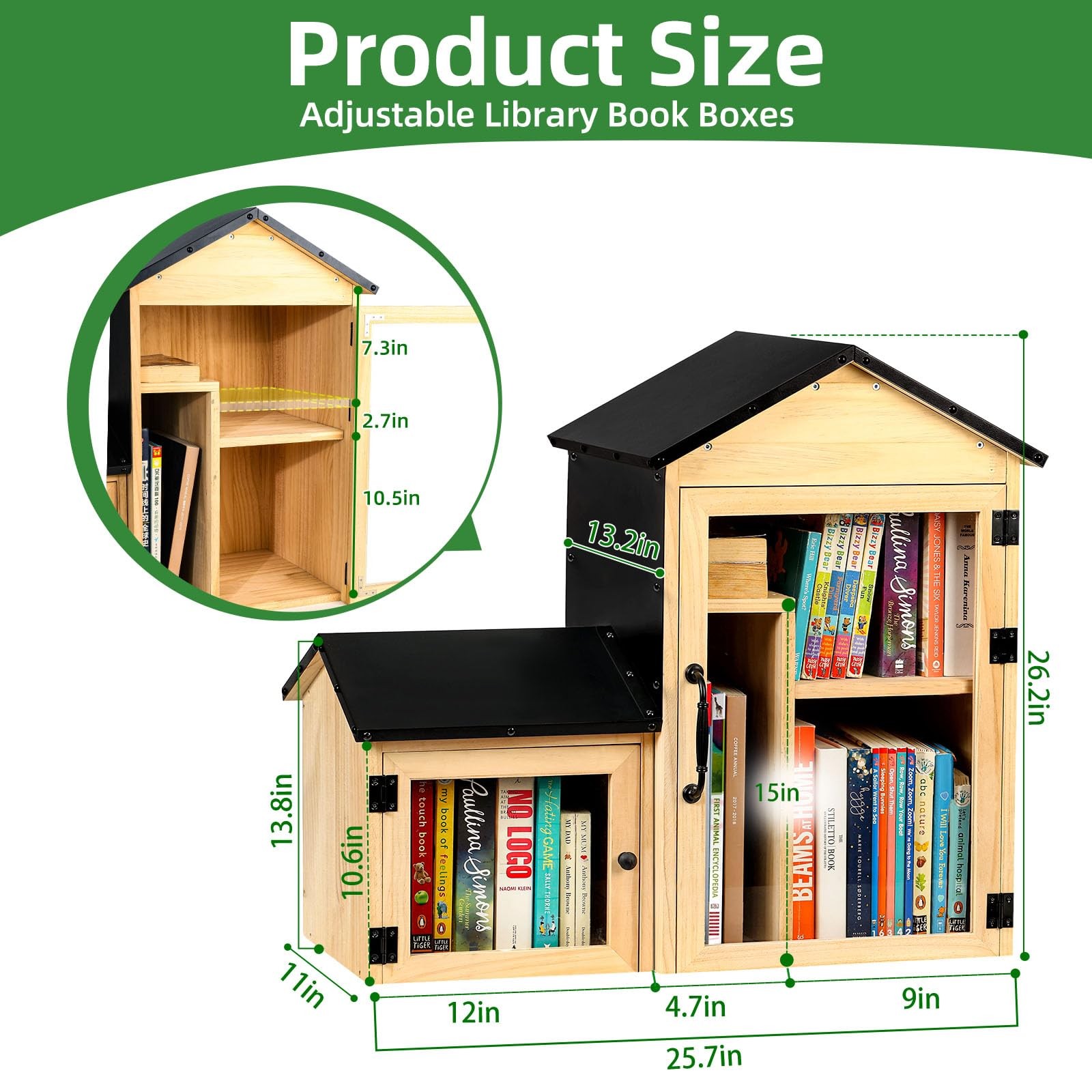 Outdoor Library Book Box, Solid Wood Free Library with Large & Small Compartm…