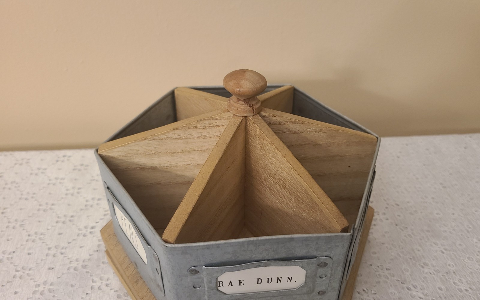 Rae Dunn Galvanized Steel & Wood Metal Rotating Spinning Rustic Desk Organizer
