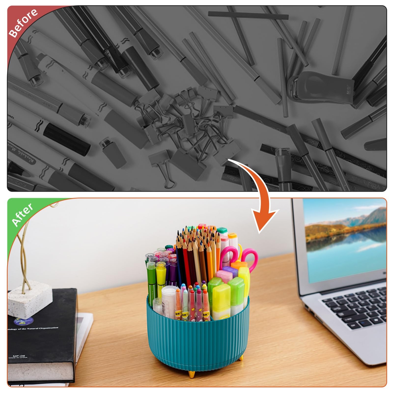 Marbrasse Desk Organizer, 360-Degree Rotating Pen Holder, Green