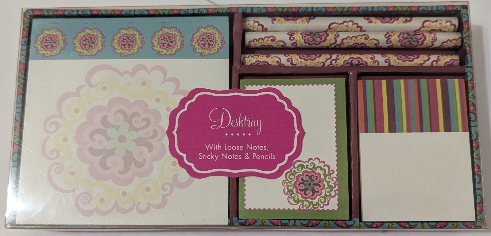 Decorative Desk Tray w/Note Paper, Sticky Notes, & 3 Pencils 8.25” X 4” Gartner