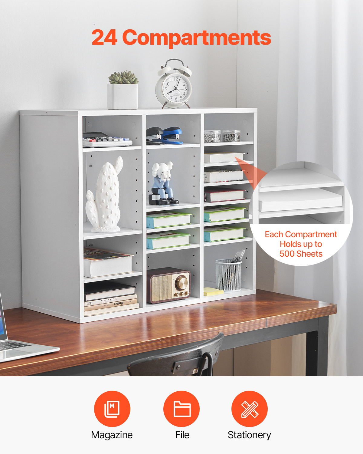 Wooden Literature Organizer 24 Compartments with Adjustable Shelves White
