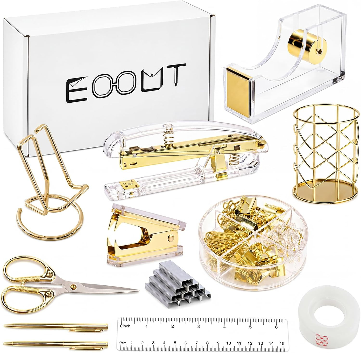 Gold Office Supplies Set Desk Accessories, Acrylic Stapler Set Staple Remover, P