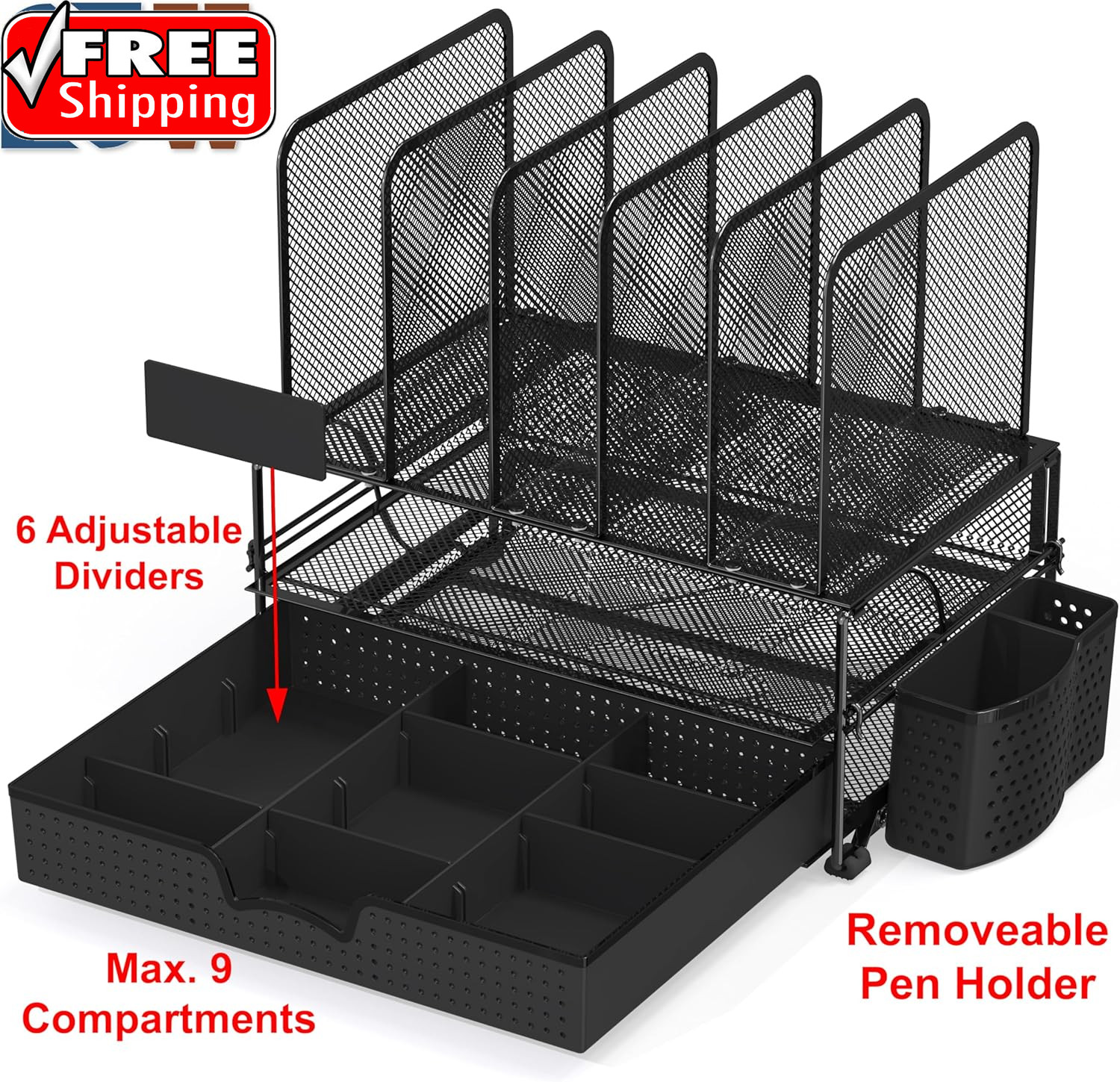 Mesh Desk Organizer with Sliding Drawer, Double Tray and 5 Upright Sections, Bla