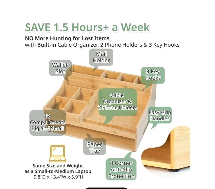 5in1 Bamboo Wood Desk Organizer with Cable Management Spacious Desk Storage