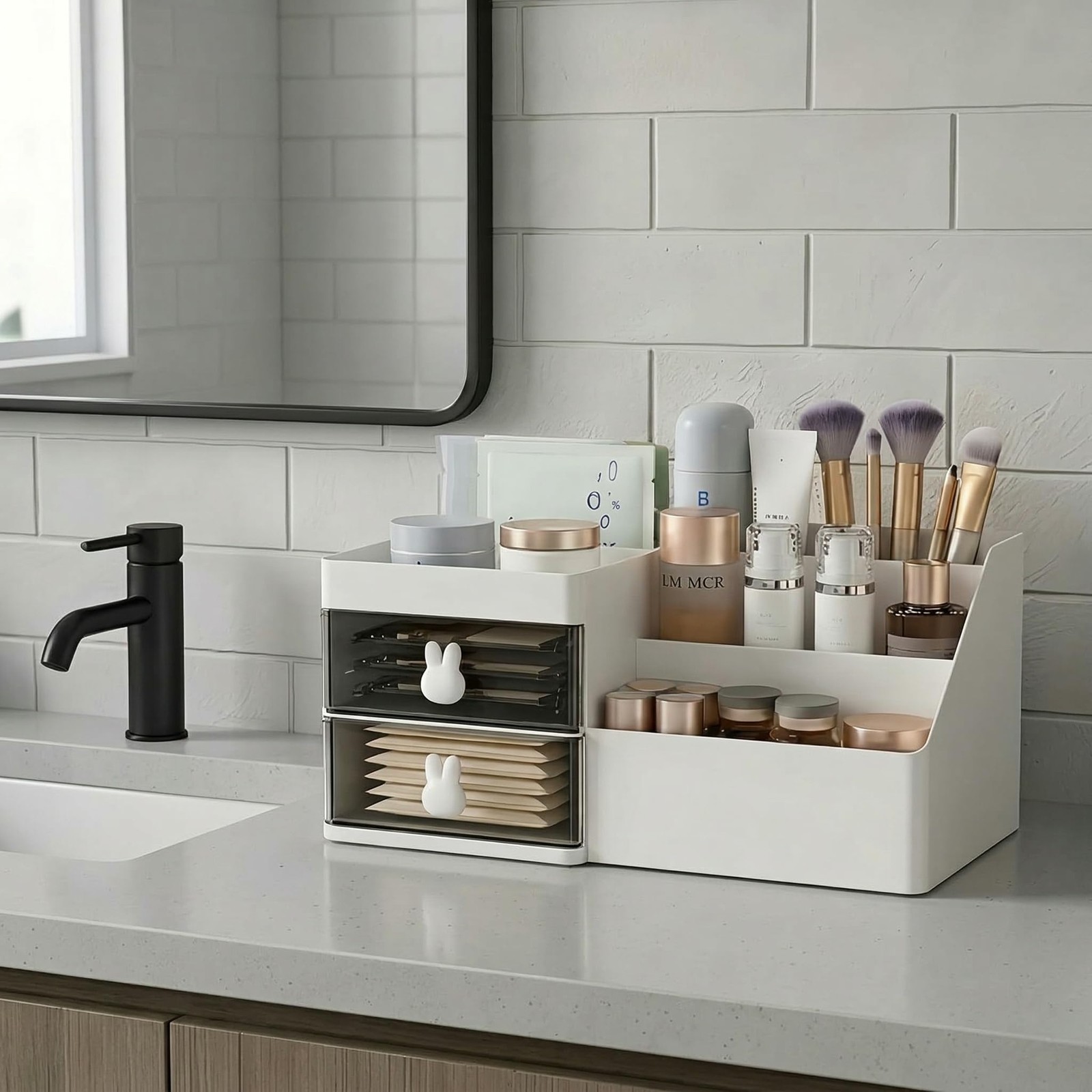 Makeup Organizer With 2 Drawers, Countertop For Vanity, White