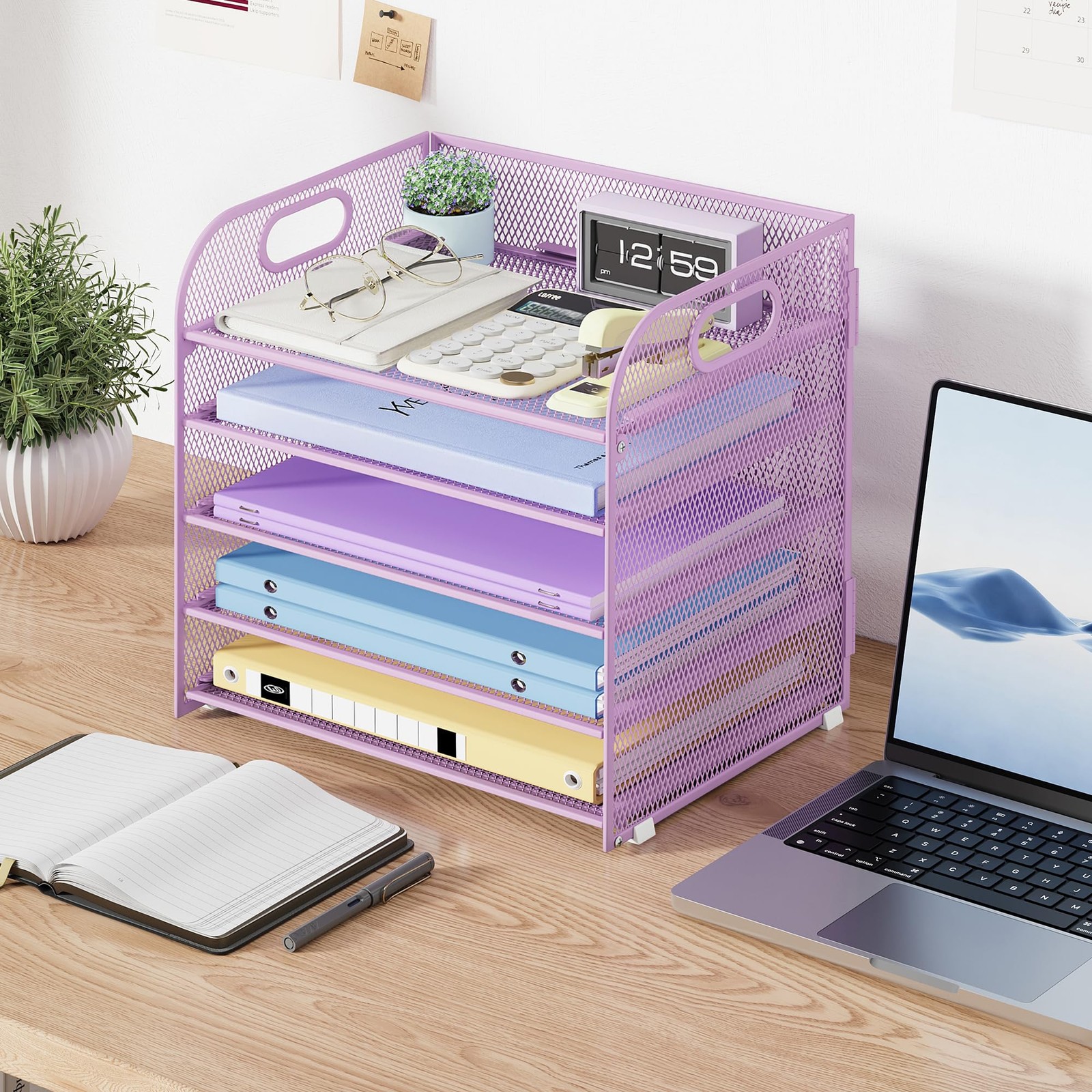Cawukege 5 Tier Paper Organizer with Handle, 12.6″ x 9.1″ x 13.5″, Purple
