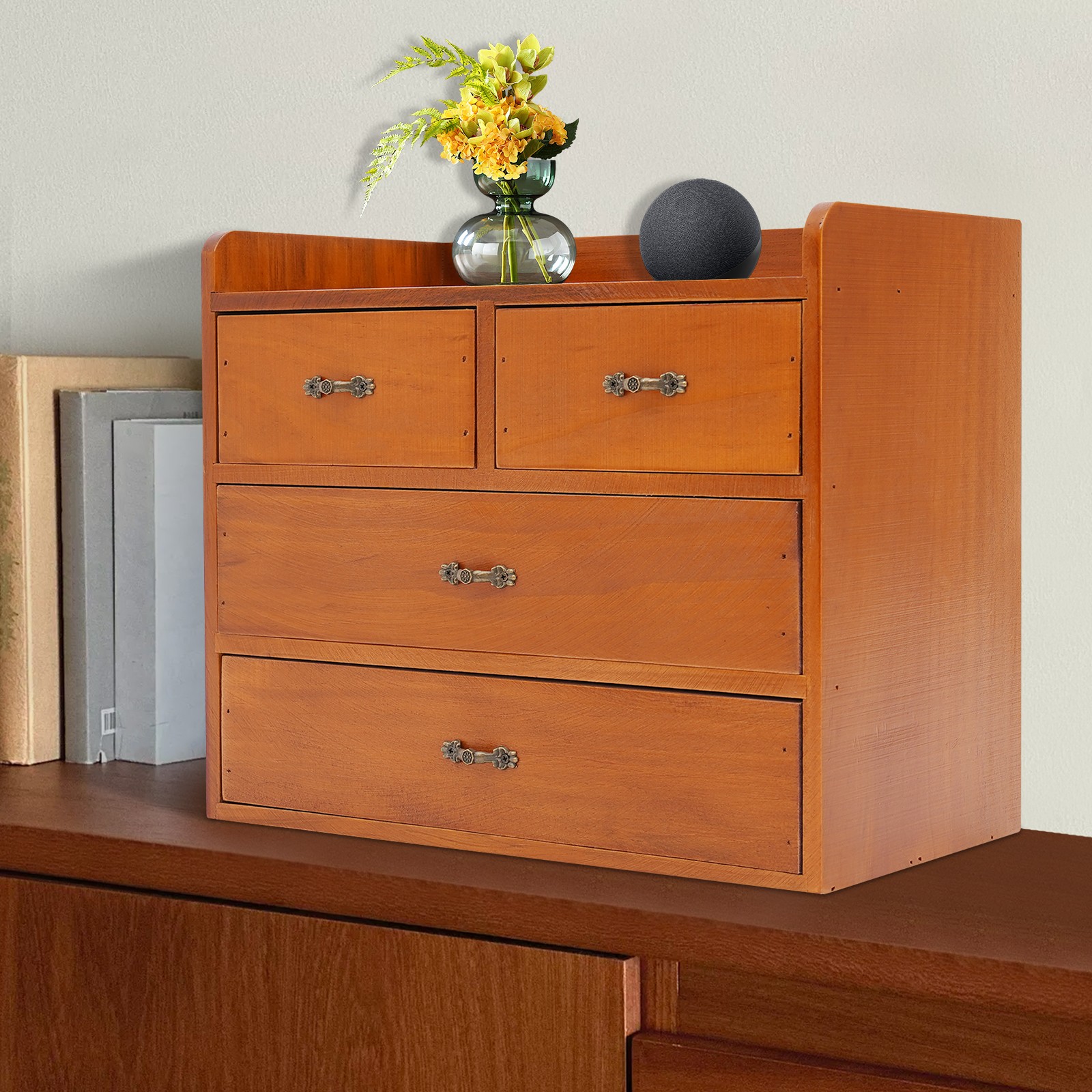 Retro Desk Drawer Organizer, Brown Desktop Organizer with Drawers, Storage Box