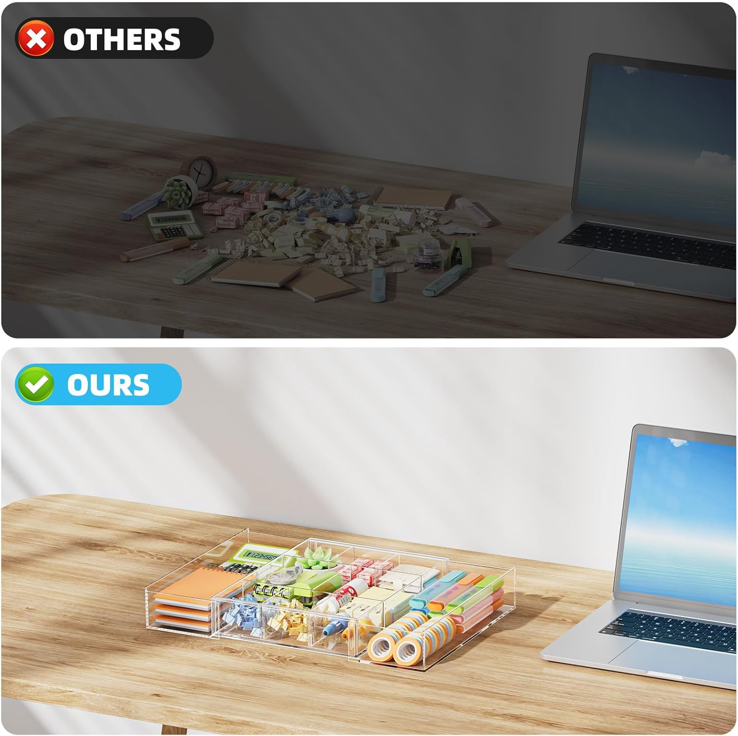 Expandable Desk Drawer Organizer, Clear Plastic Drawer Organizer Tray with 10 Ad
