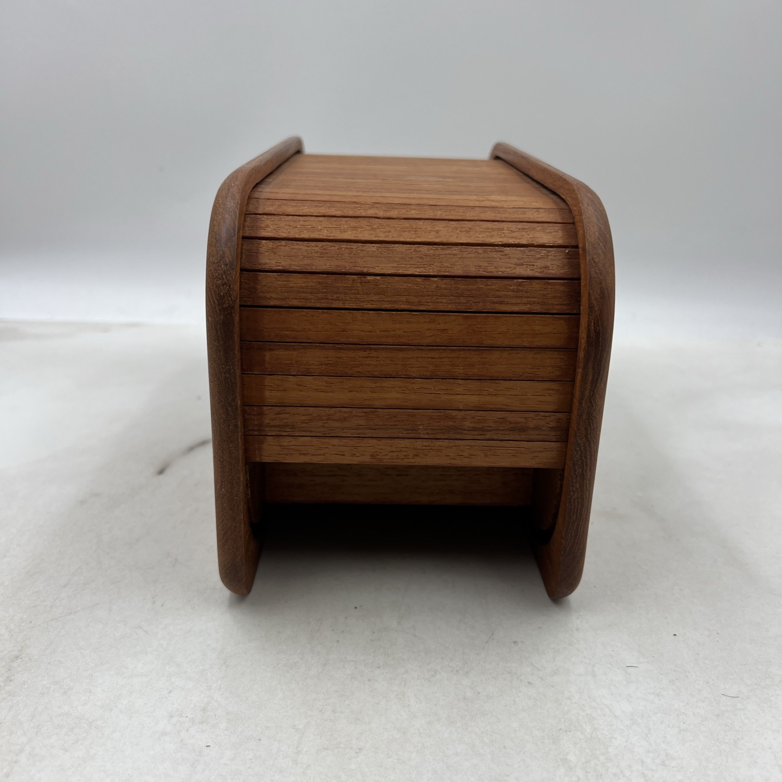 Vtg KALMAR Designs Teak Tambour Roll Top Disk Cassette Storage Box 10.5”x5”x6”