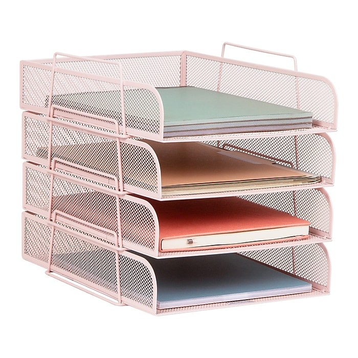 Mind Reader 4pc Wire Stack Front Loading Stackable Letter Tray Pale Pink