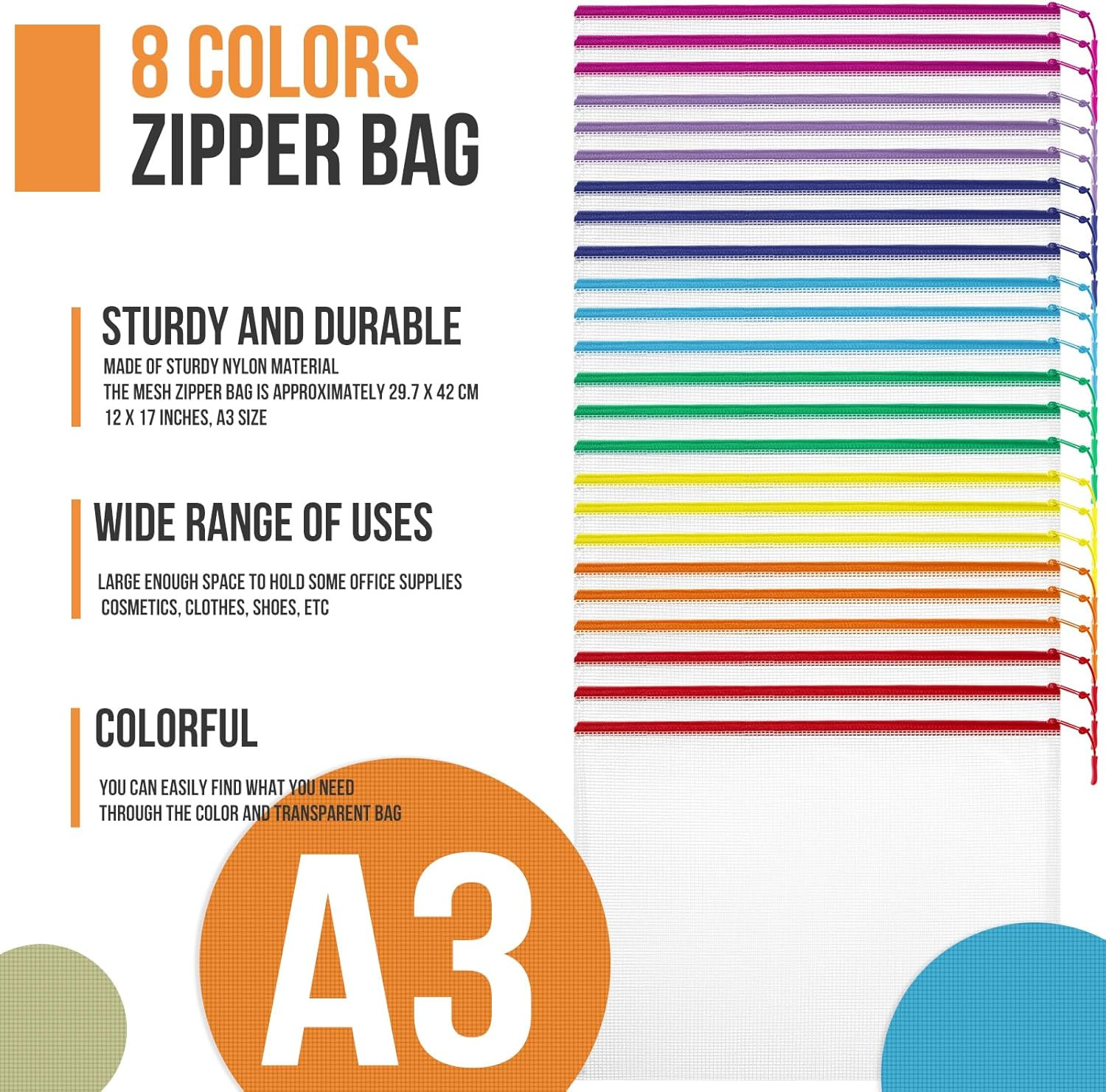 24Pcs Mesh Zipper Pouch File Bags Puzzle Storage Bags, A3 17X12 Inches Large Reu