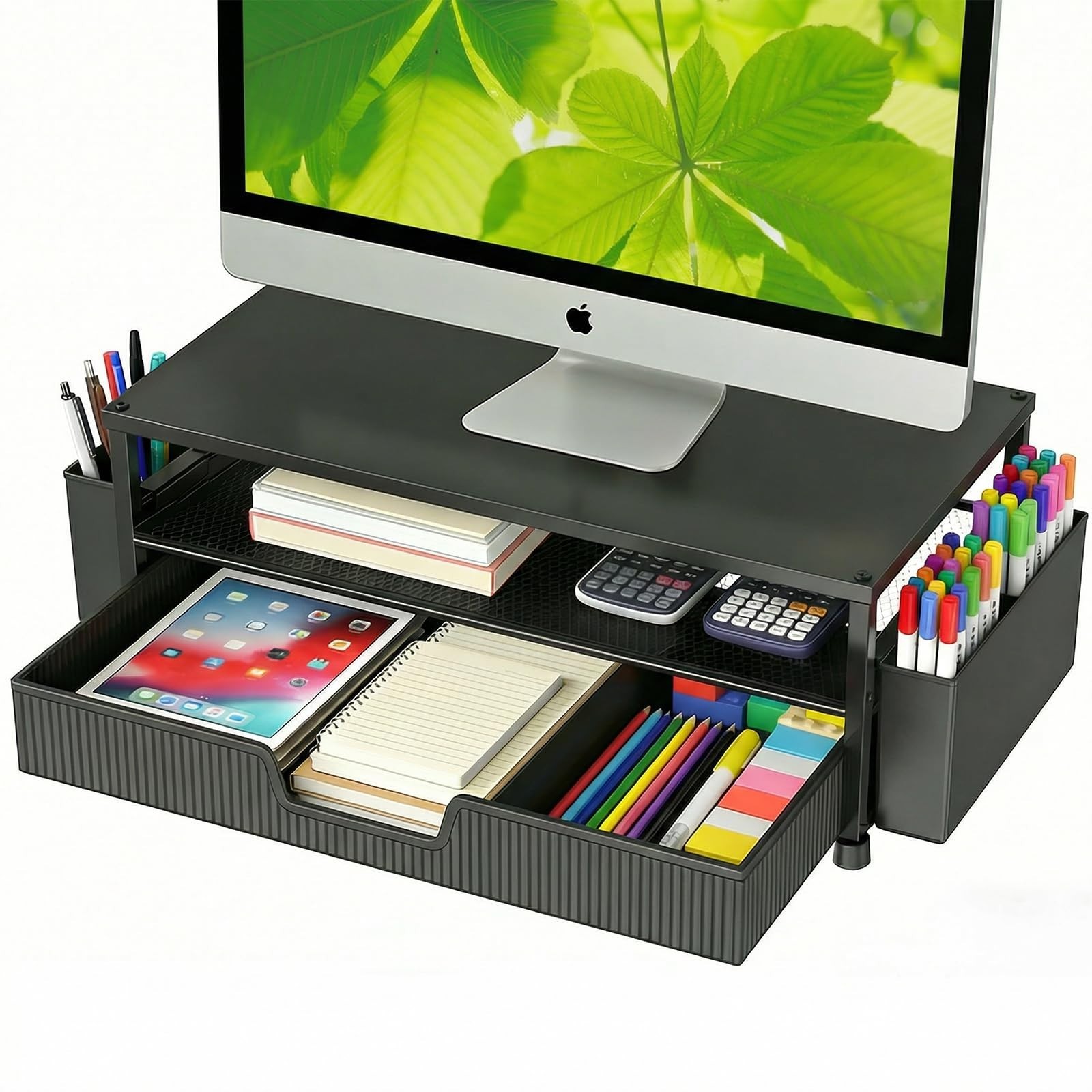 2-Tier Desk Organizer & Monitor Stand with Storage Drawer, Pen Holders – Black