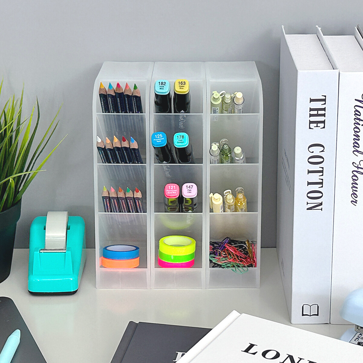 Wrapables 4 Compartments Desk Storage Pen Organizer, Small (3pcs) / Clear