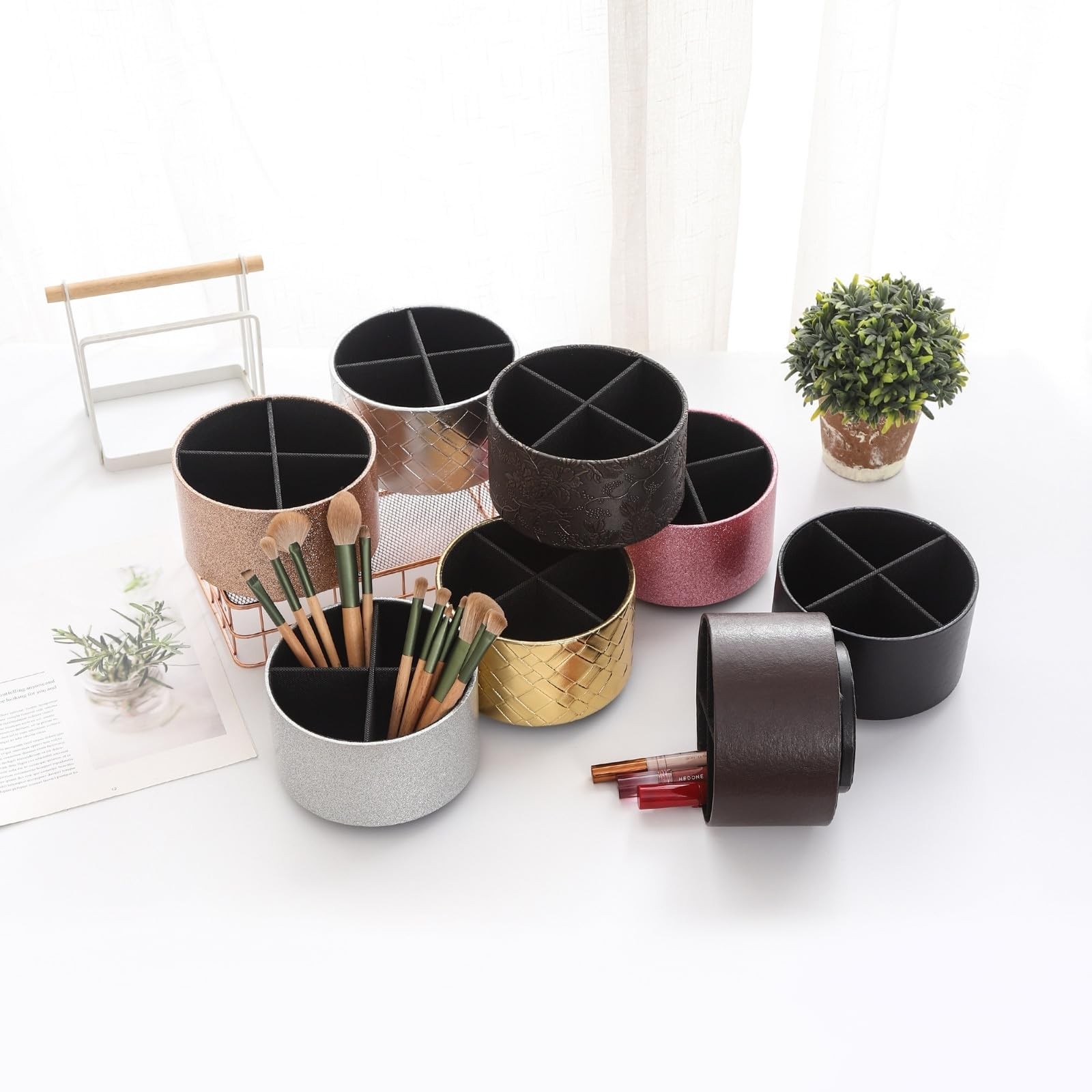 TV Remote Holder, PU Leather 360 Degree Rotating Remote Caddy with 4 Compartm…