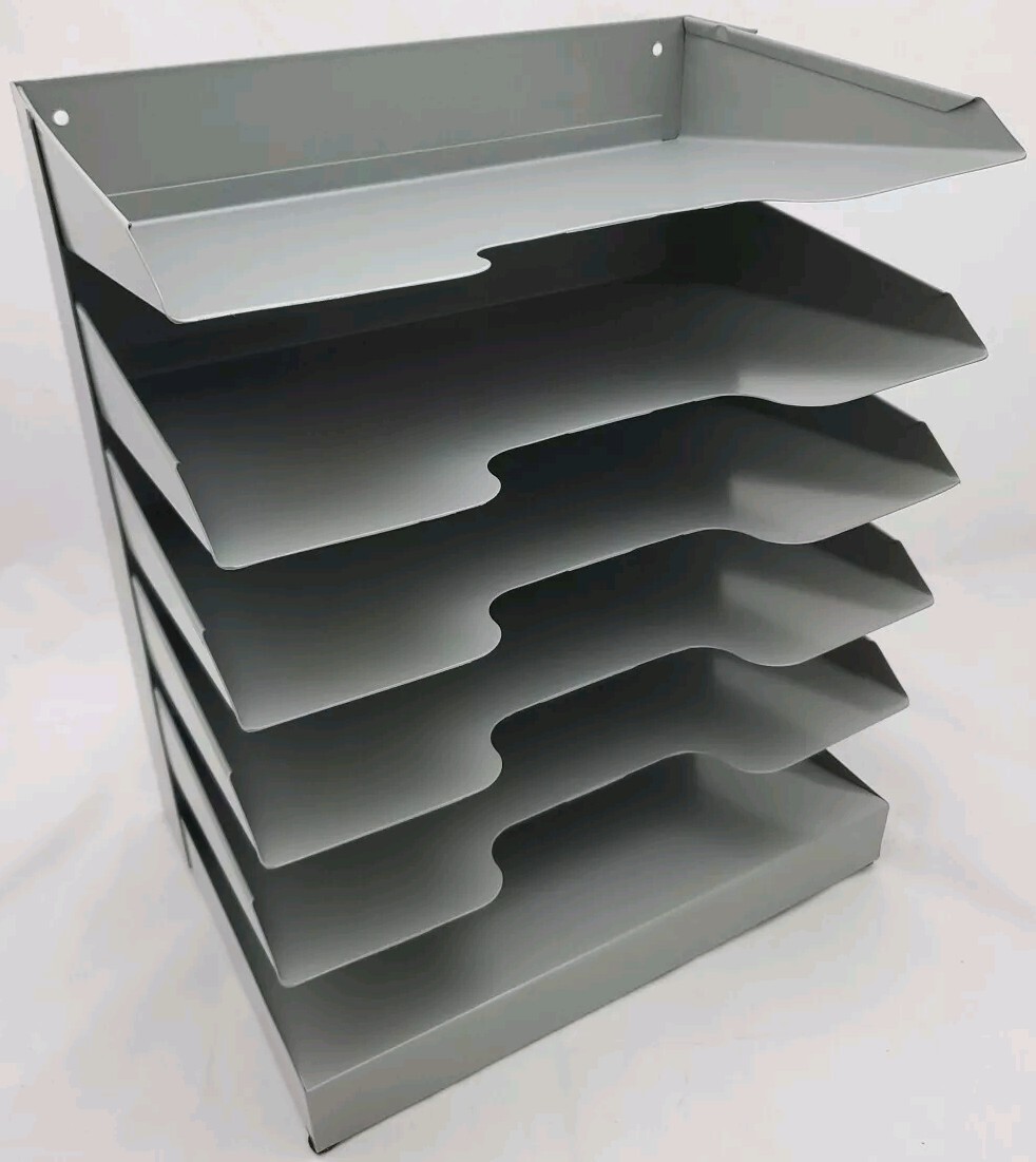 Horizontal Heavy Duty Metal Grey 6 Slot Desk / Wall File Tray ~New