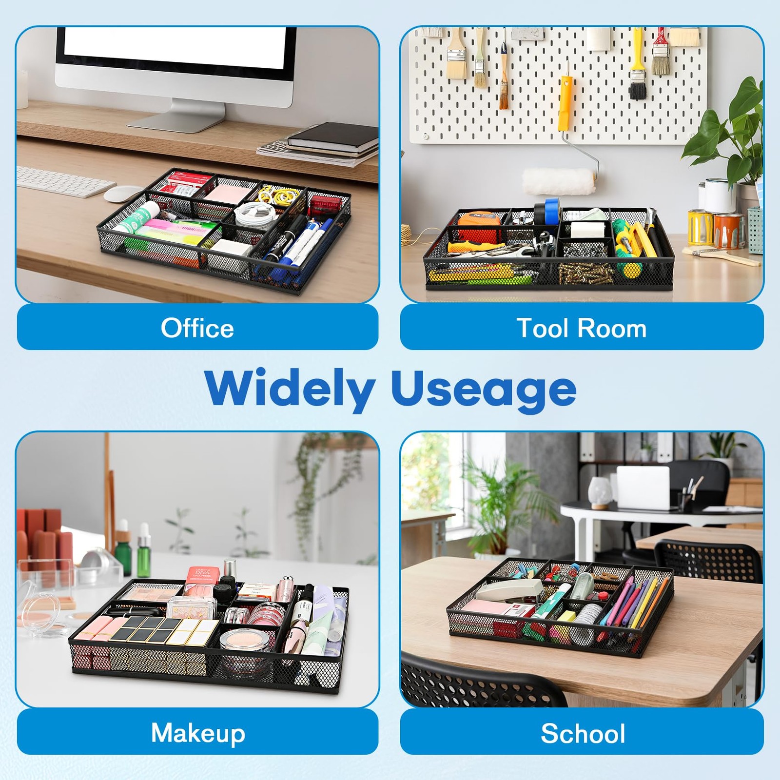 Desk Drawer Organizer Tray, 7~Compartment, Non~Slip, Black