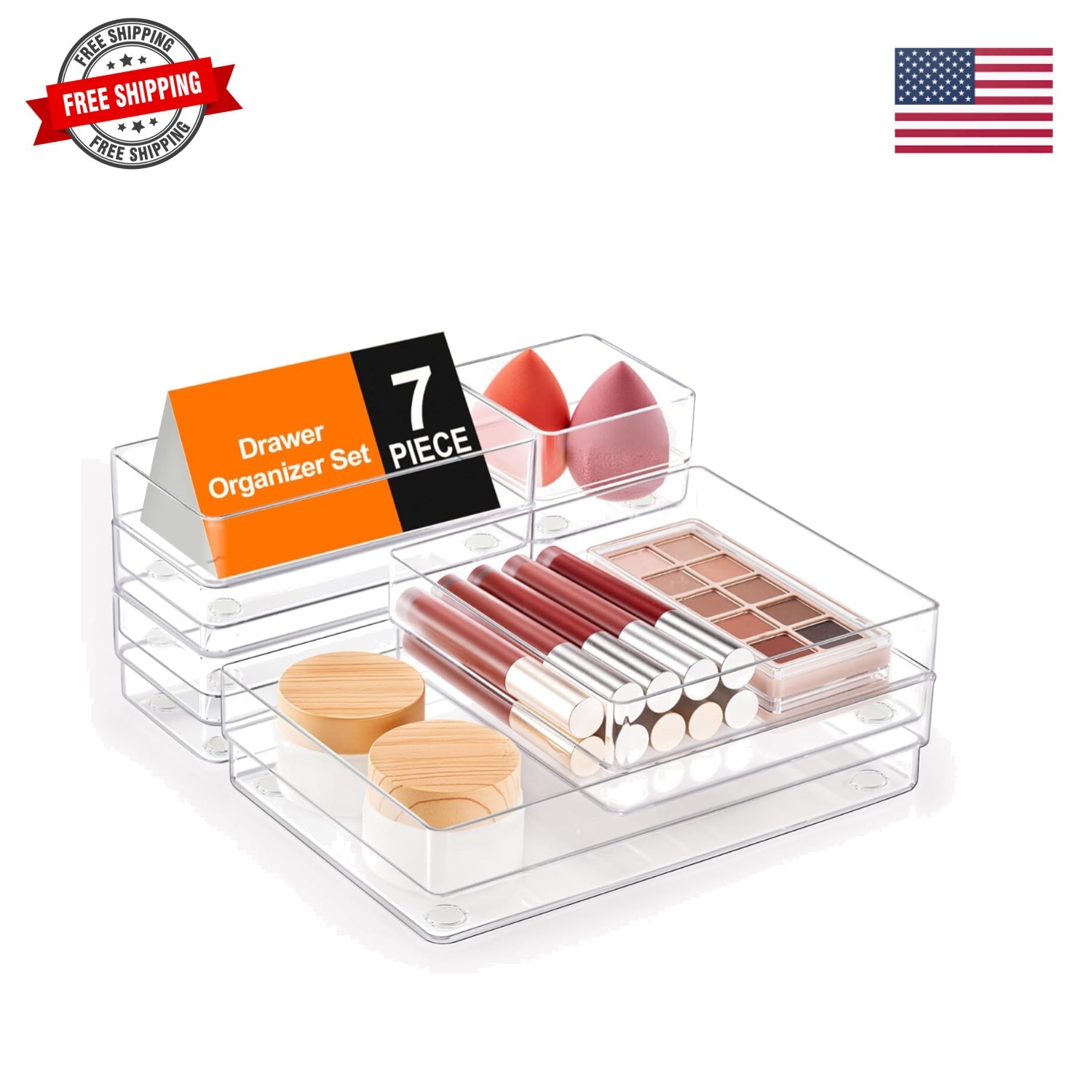 7-Piece Drawer Organizer with Non-Slip Silicone Pads, 4-Size Desk Drawer Orga…