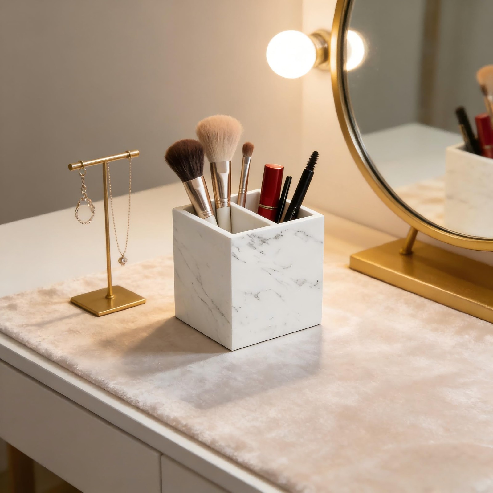 SIRIZEN-DIVING Marble Pen Holder, White Stone, Rectangular Desktop Organizer for