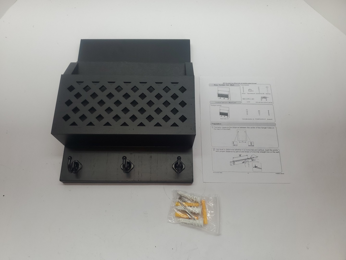 Mail Organizer with Key Holder – 8.8″ x 11.4″ Wall Mounted Wooden Mail Sorter…