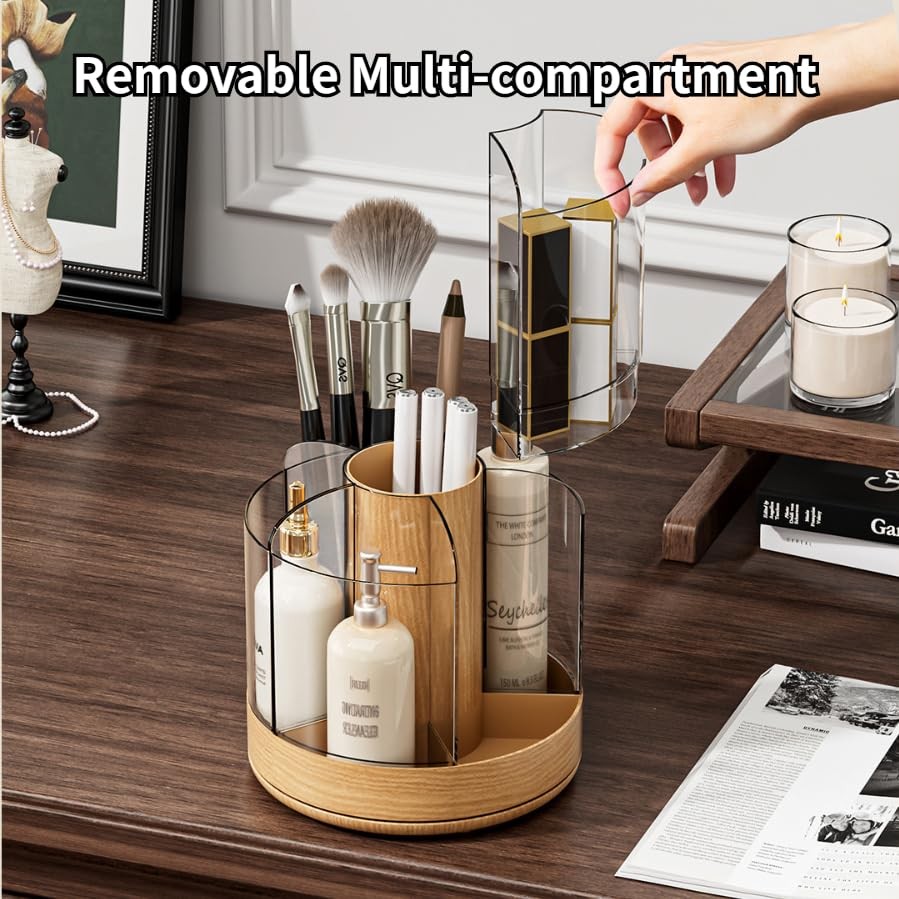 Siehpa3 Makeup Brush Holder 360° Rotating 6 Slot Dark Woodgrain