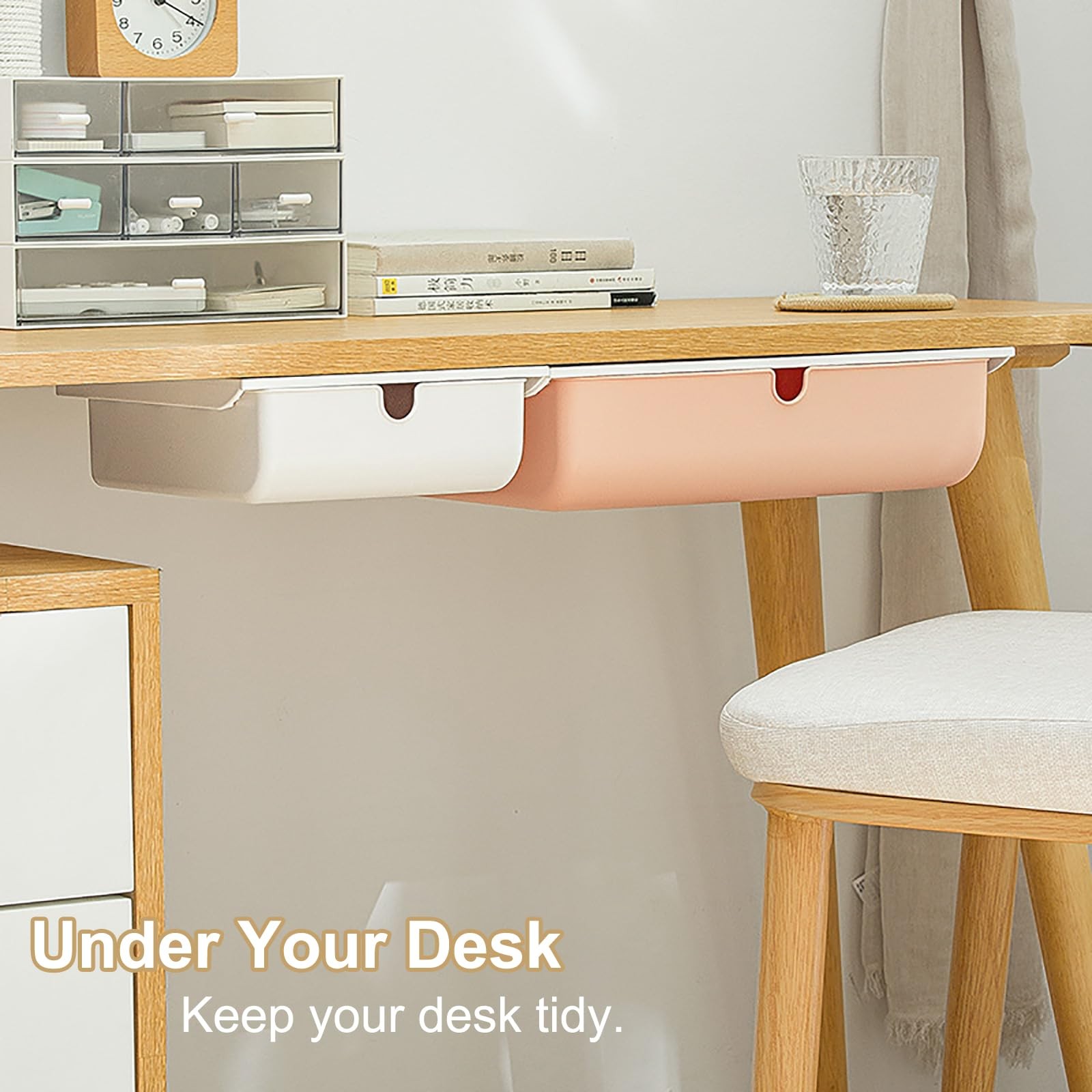 2 Pack Under Desk Drawer, Large & Medium Self-Adhesive White