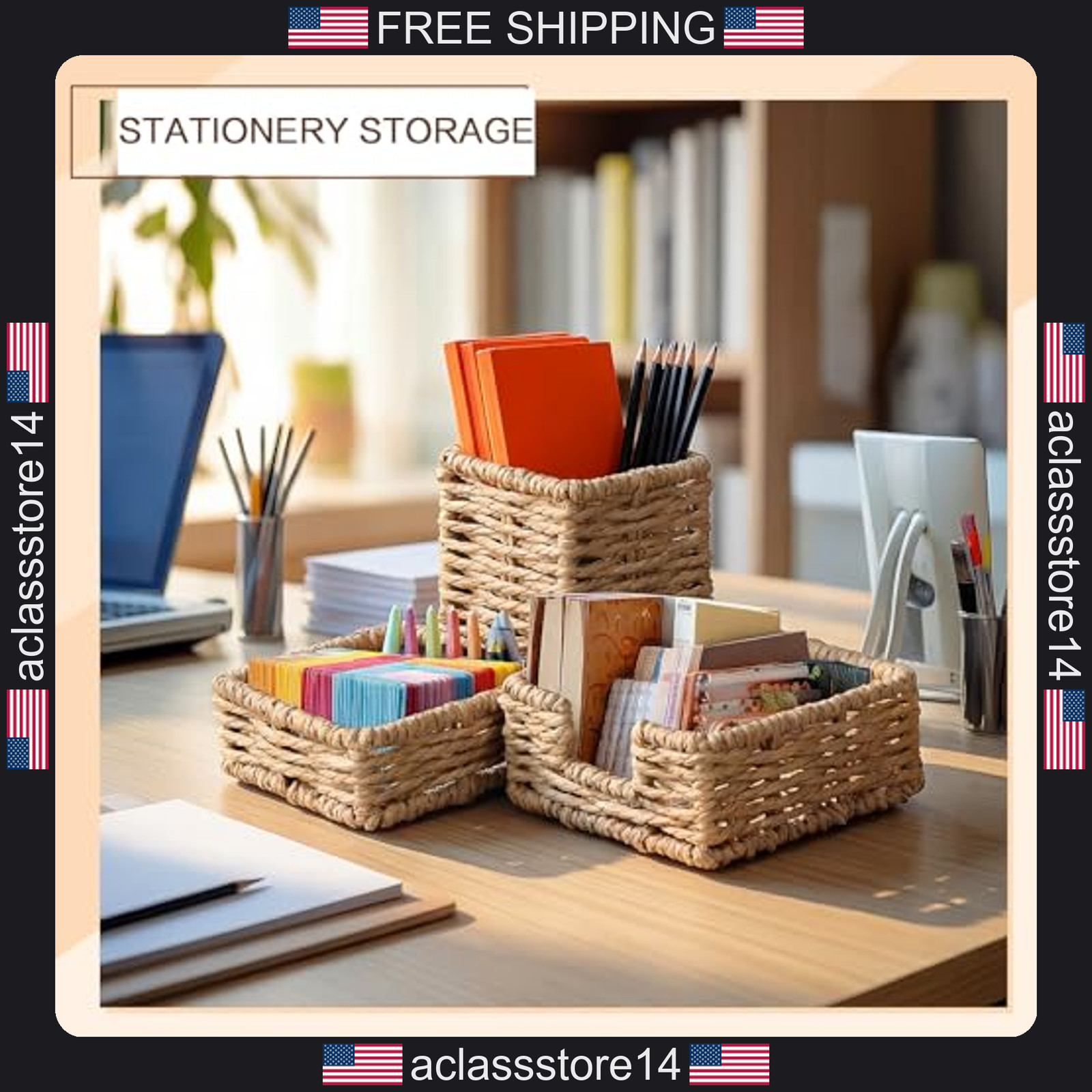 Khaki Paper Rope Woven Desk Organizer Set of 3 Office Home Desktop Accessories