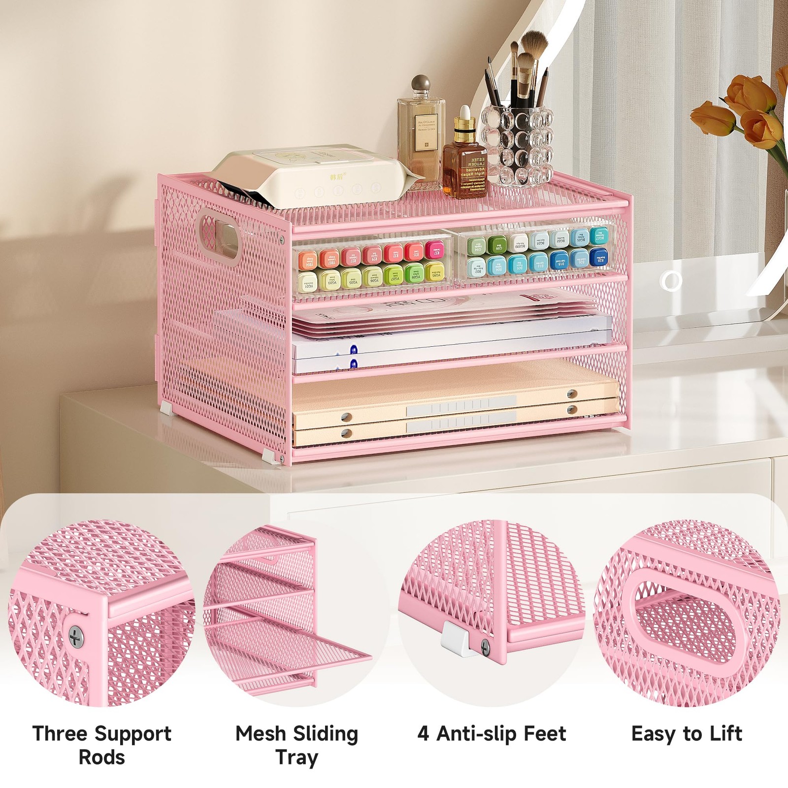 Paper Letter Tray Organizer Desk Pink Metal Mesh File Sorter 2 Sliding Trays