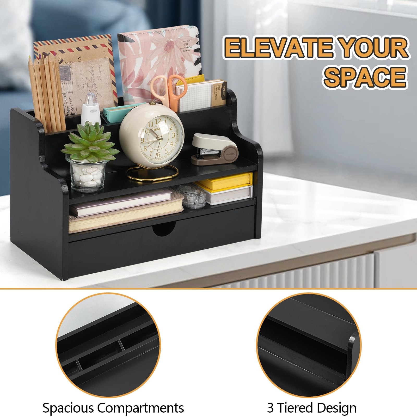 Mail Organizer Countertop, 4 Slots Desk Organizer with Drawer and Shelf, Wood…