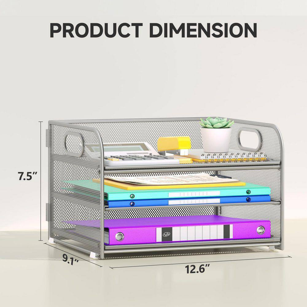 7.5 In. X 12.6 In. 3 Tier Paper Organizer with Handle, Metal Mesh Desk Organizer