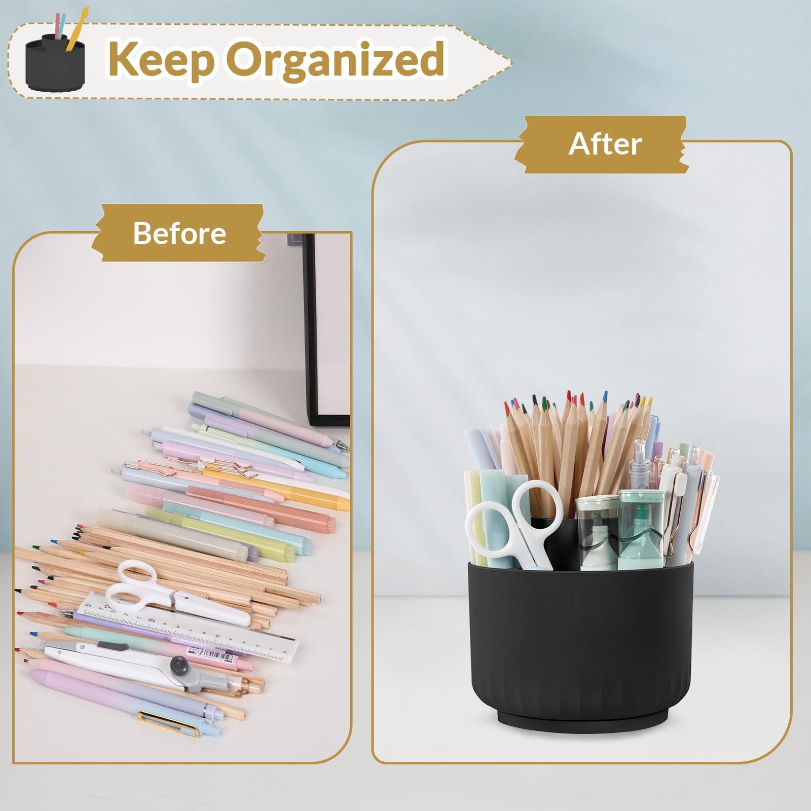 SKYDUE 360 Degree Rotating Pencil Pen Holder for Desk, Dual-Purpose Black