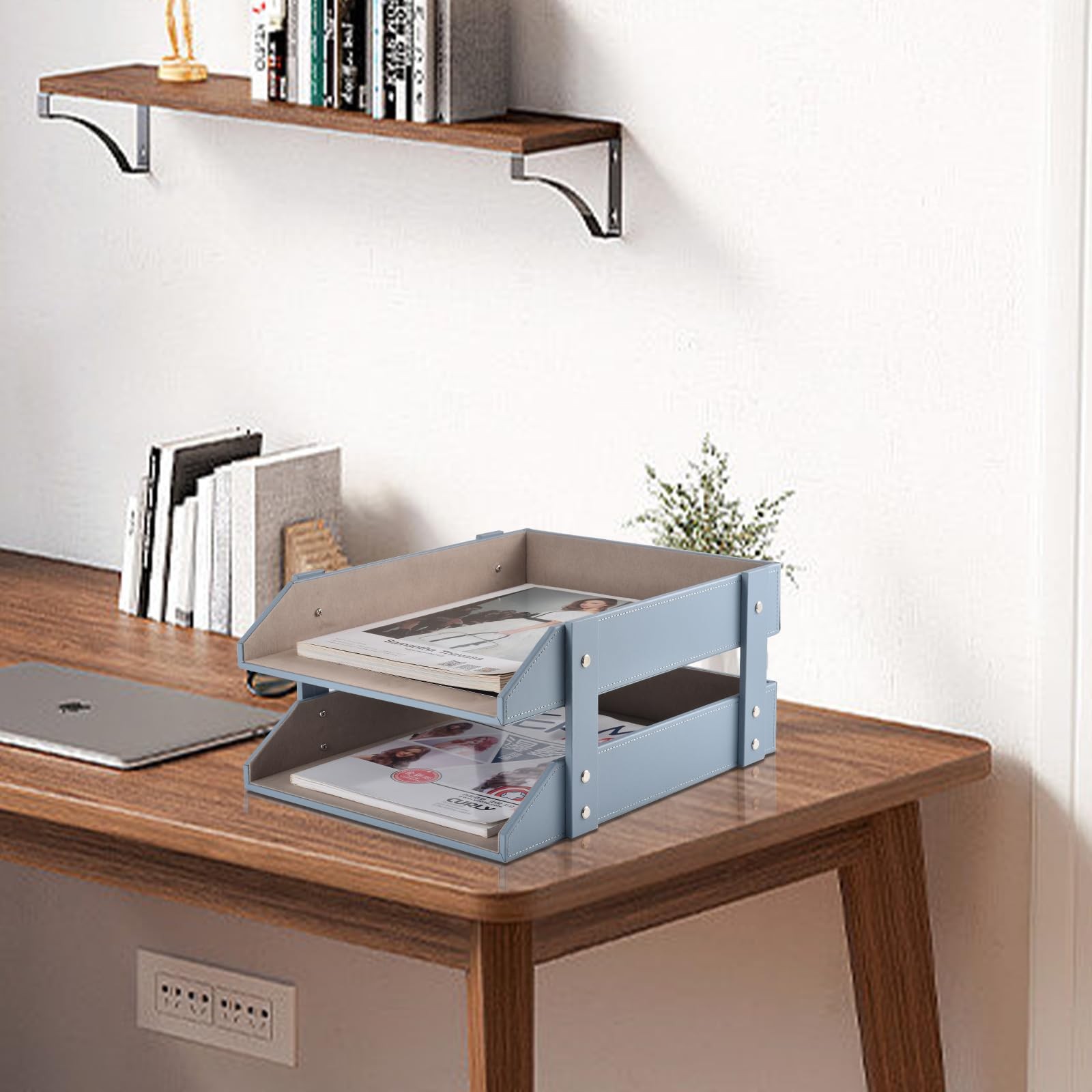 Leather Desk Letter Tray,Office Supplies Paper 10.8″ x 13.8″ x 3.3″, Gray