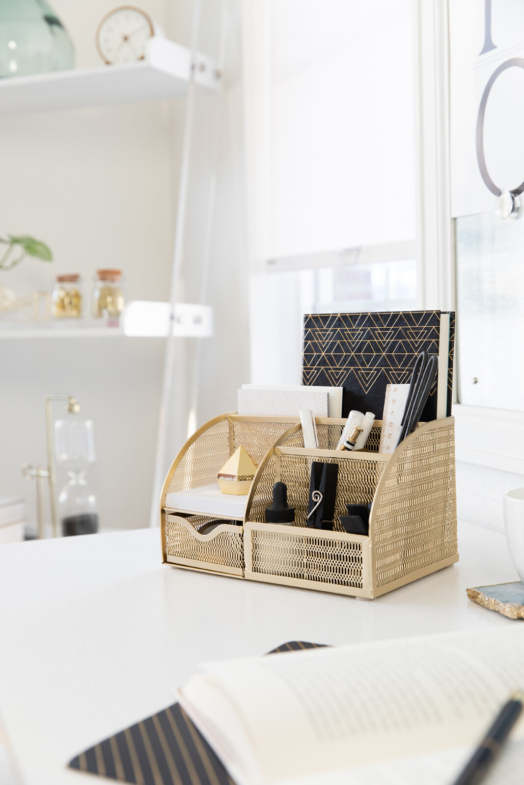 Blu Monaco Unique Metal Gold Desk Organizer with Drawer