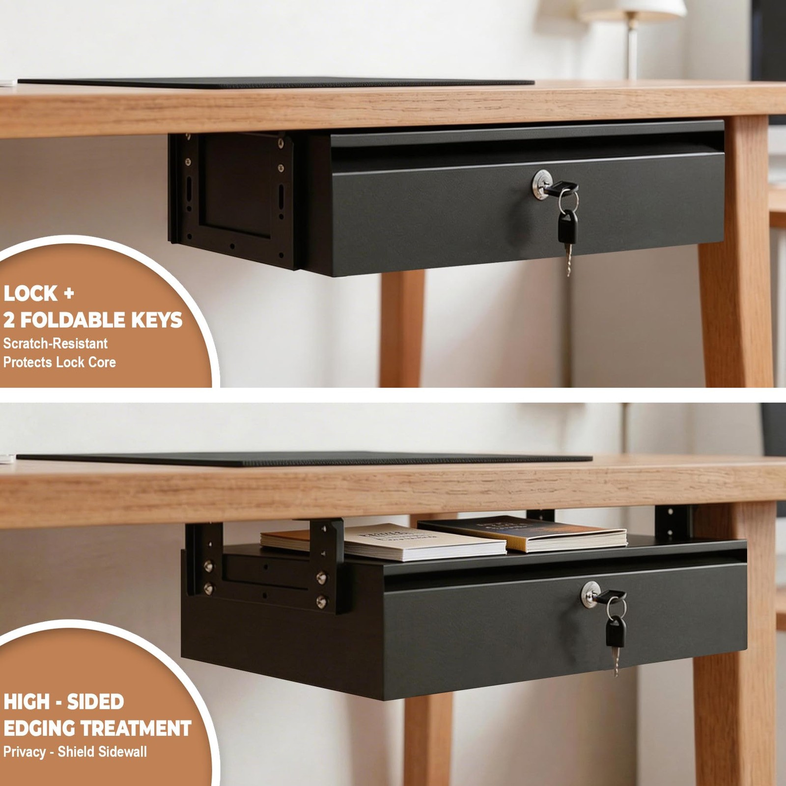 16in Under Desk Drawer with Lock Pull Out Storage Organizer
